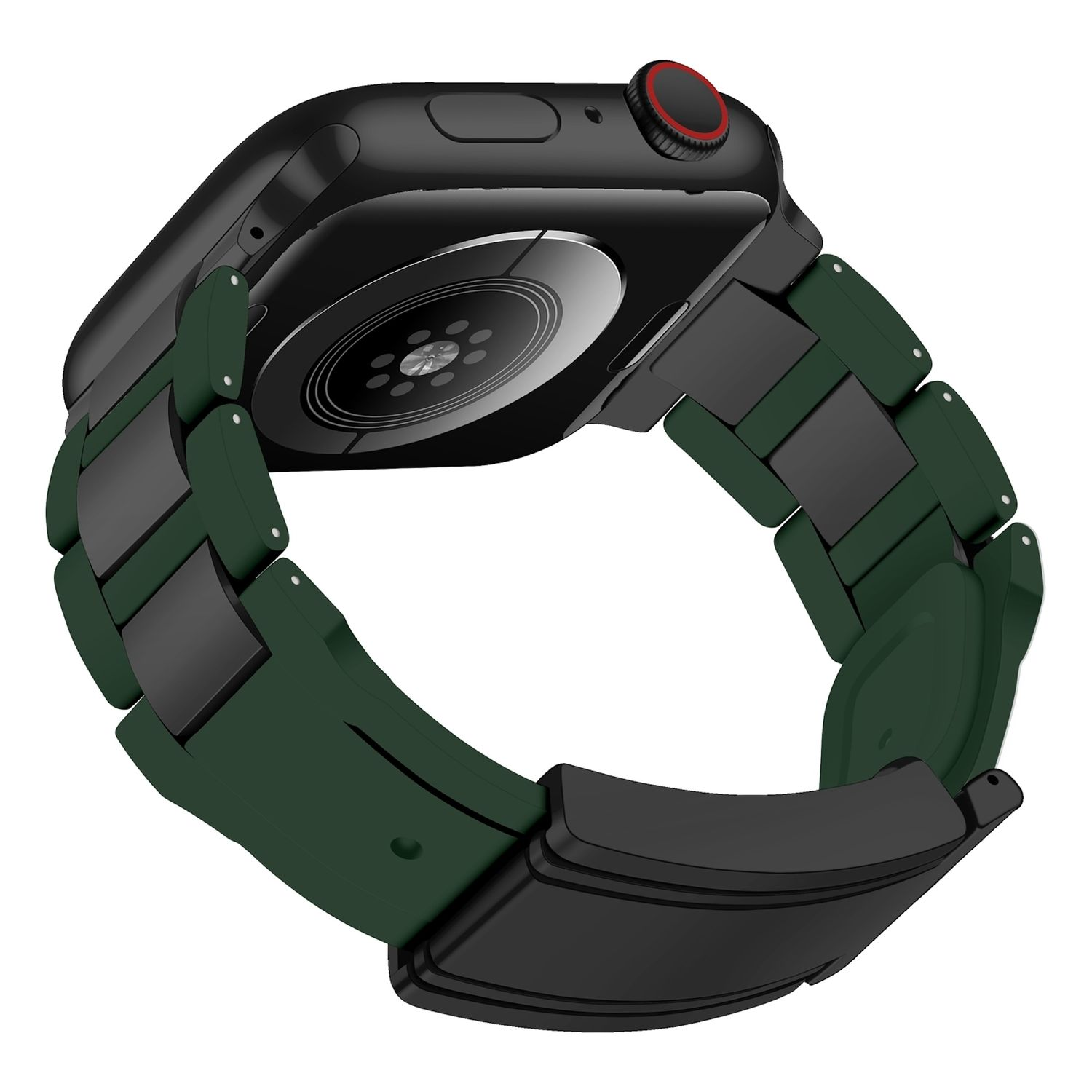 Apple Watch mit grün-schwarzem Armband. Die Uhr ist schwarz, das Armband ist verbunden.
