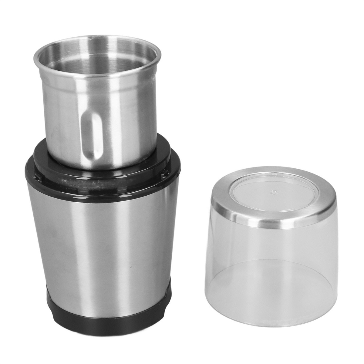 Ein Edelstahl-Zerkleinerer mit zwei Teilen. Ein Teil ist ein Mahlbecher und der andere ein Deckel.
