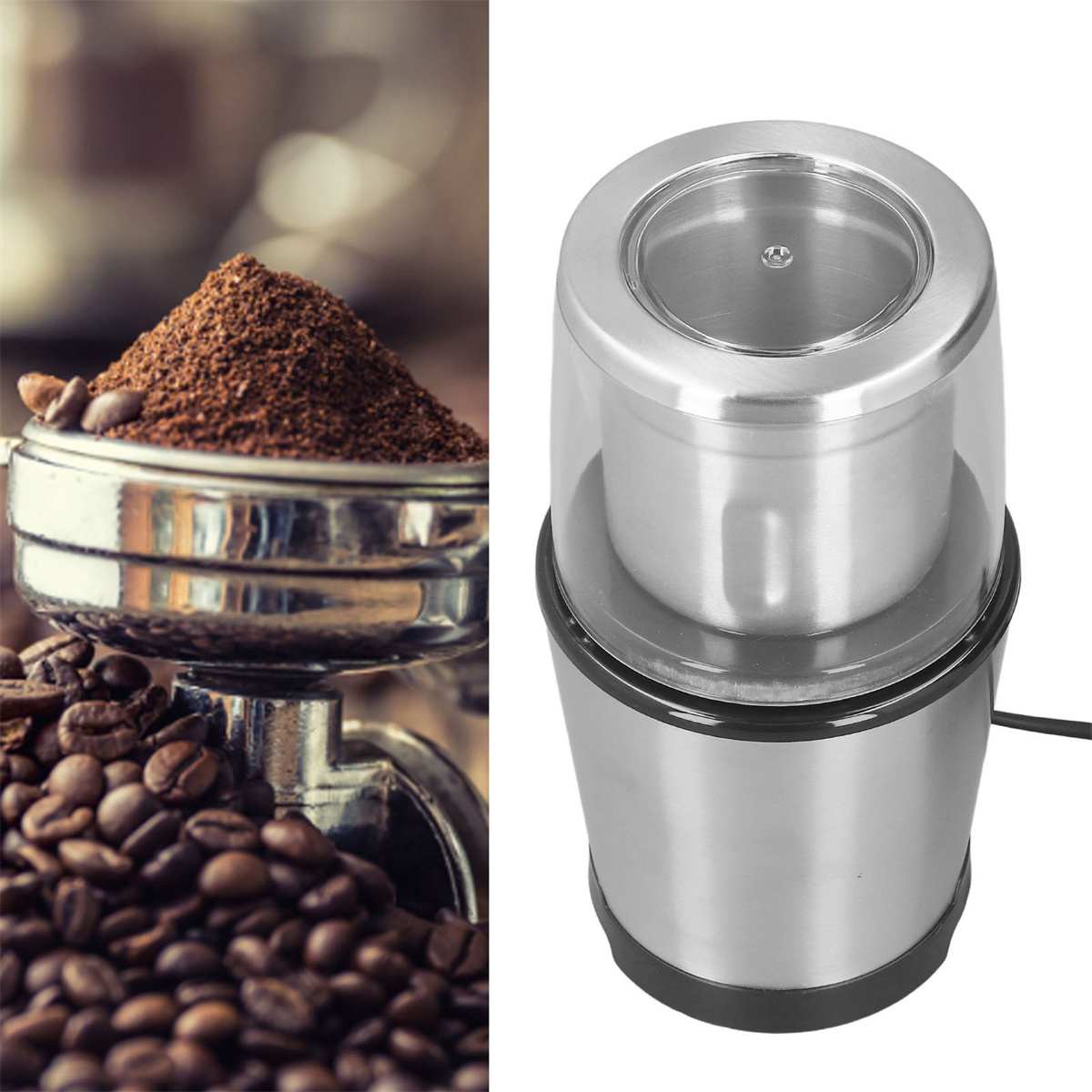 Kaffeebohnen und gemahlener Kaffee in einem Siebträger, mit einer Kaffeemühle.