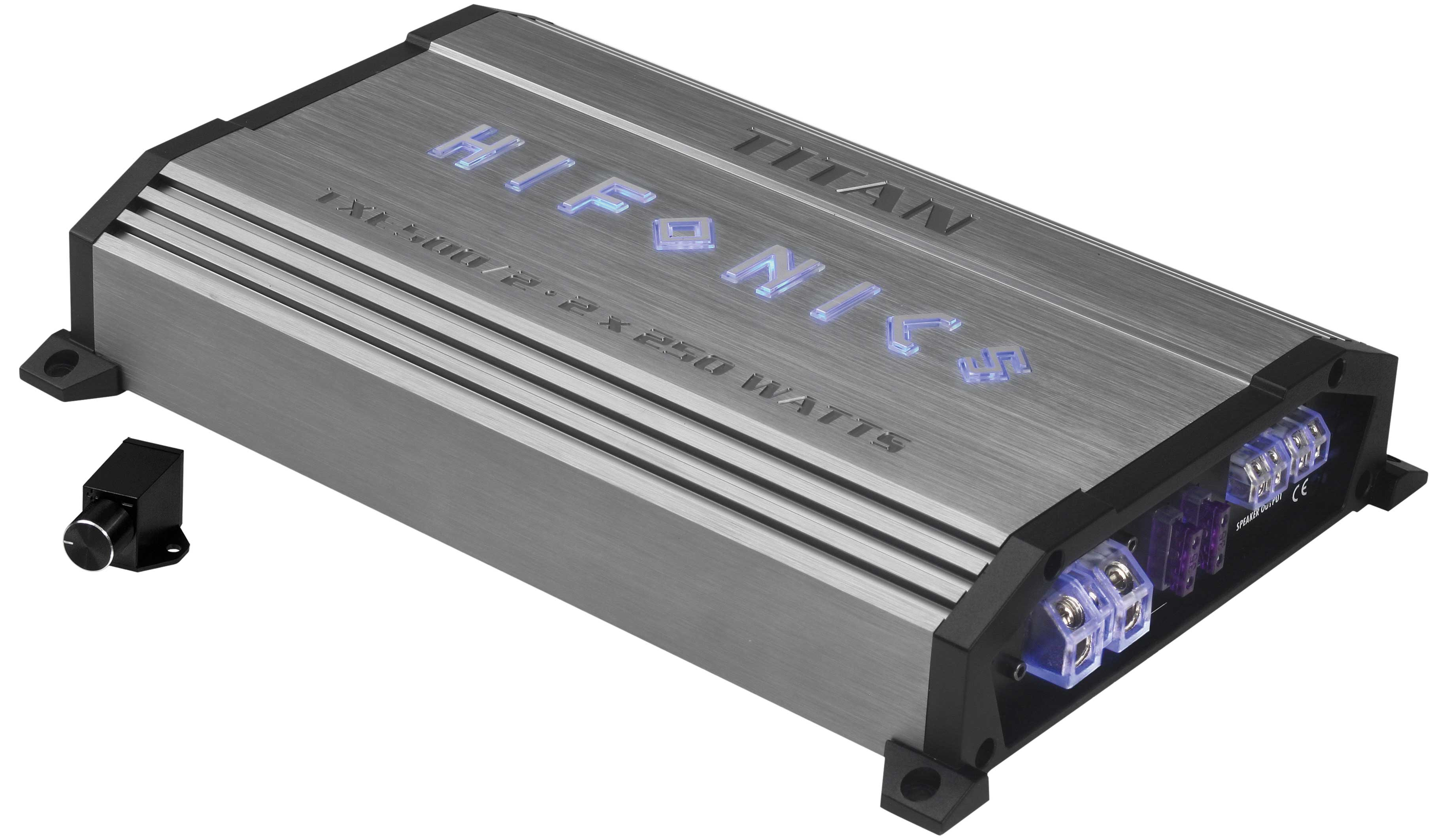Silberner HiFonics Titan Verstärker mit blauen Lichtern und einem separaten schwarzen Drehknopf.
