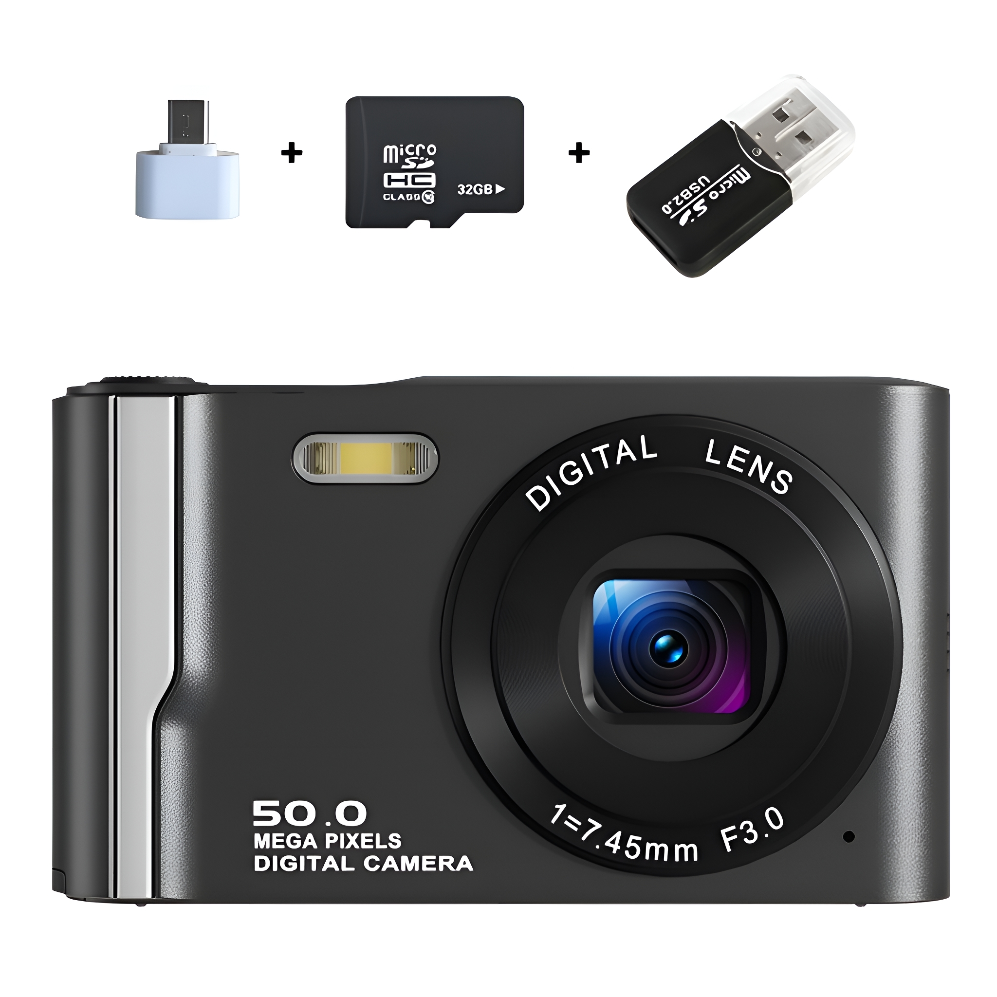 Schwarze Digitalkamera mit Zubehör, einschließlich USB-Adapter und SD-Karte.