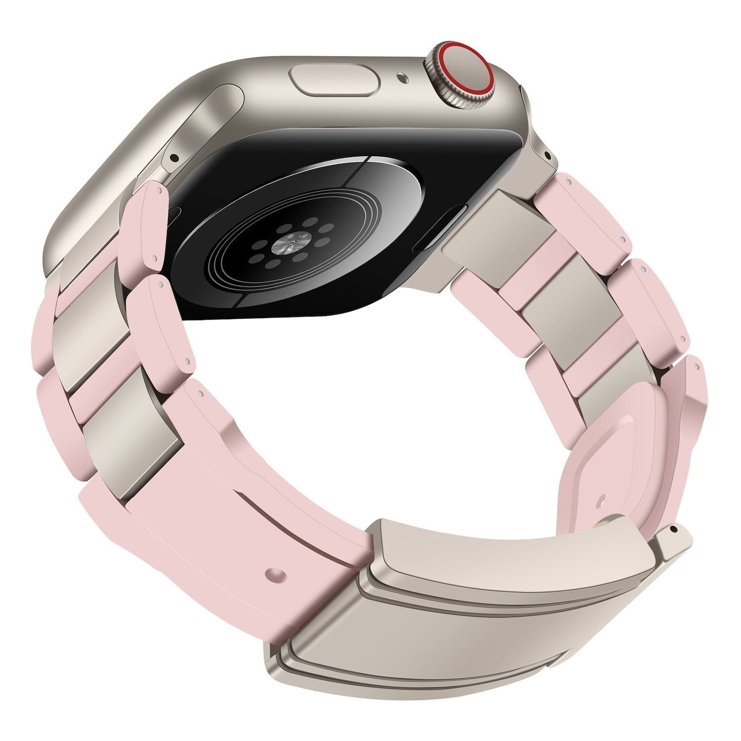 Uhr mit rosa und silbernem Armband. Die Uhr ist silberfarben und hat oben einen roten Knopf.