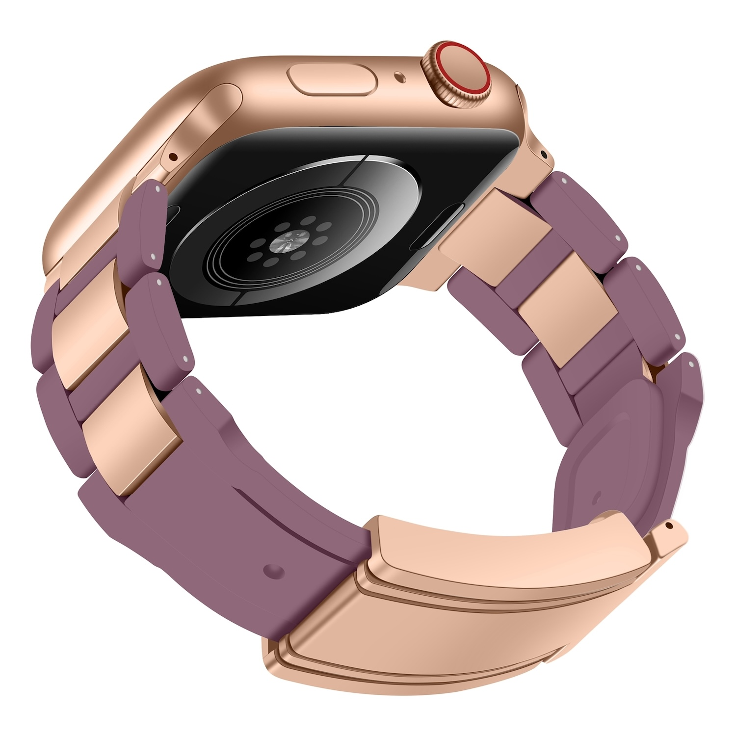 Roségoldene Smartwatch mit rosa-goldenem Gliederarmband. Von der Seite betrachtet.