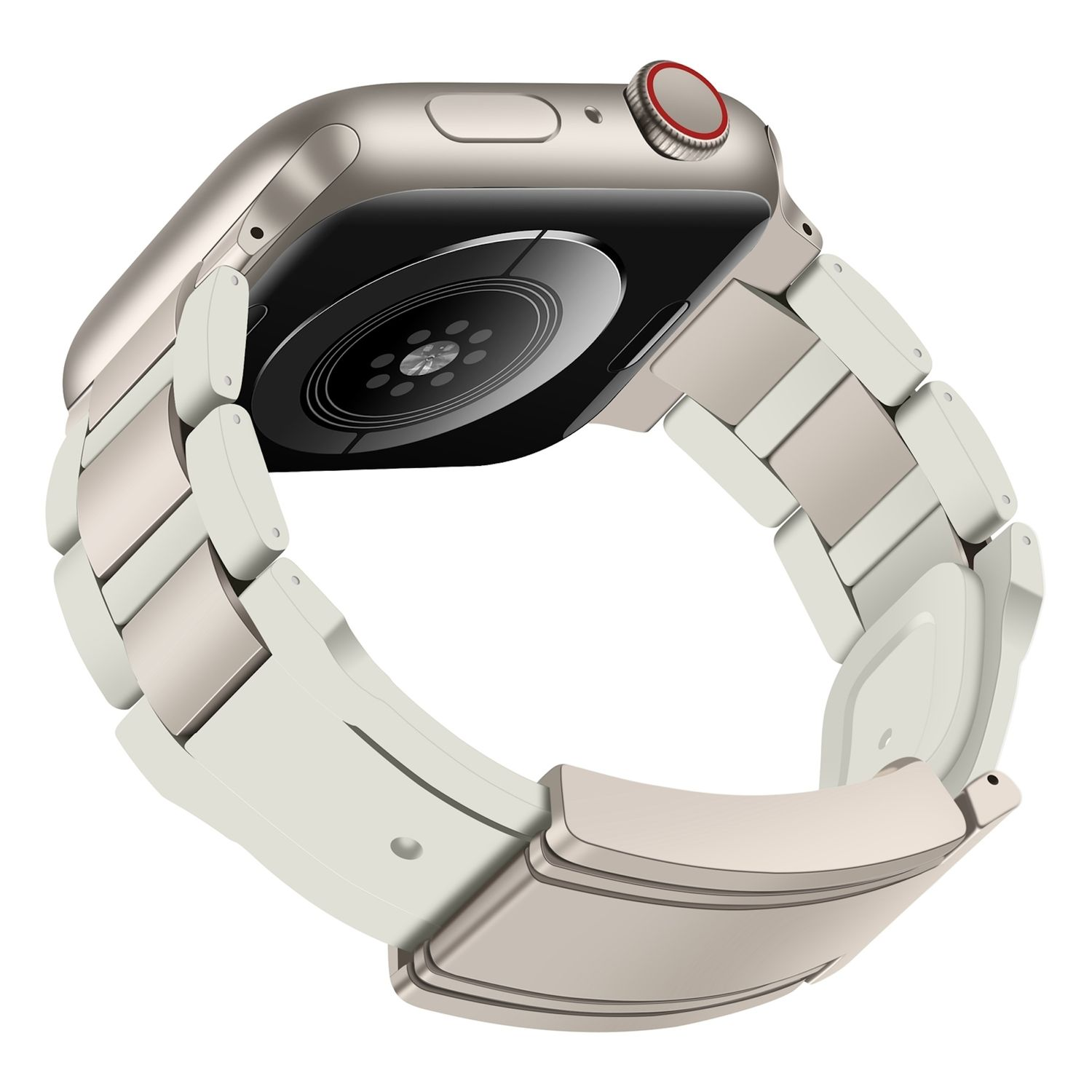 Silberne Apple Watch mit weiß-silbernem Armband.