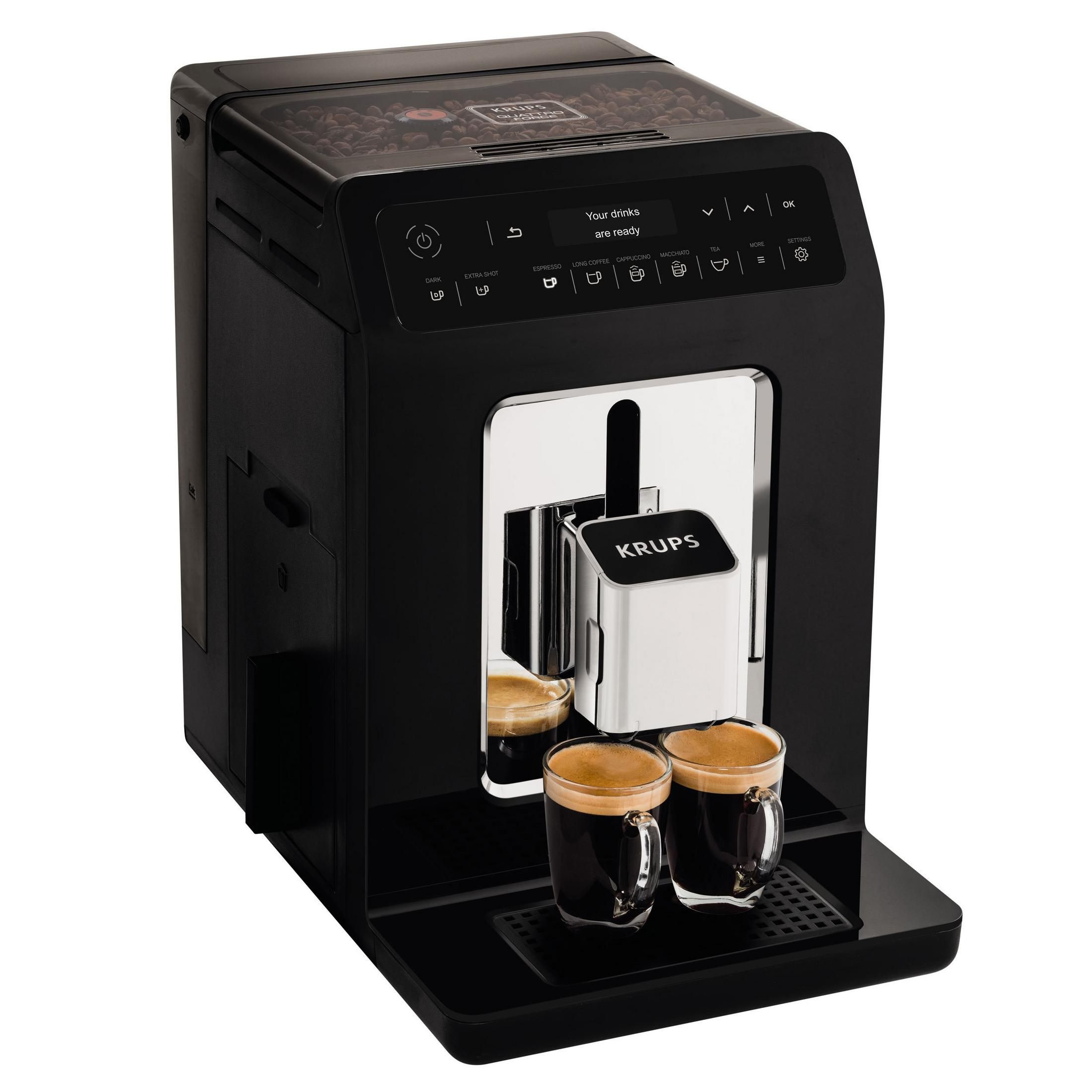 Czarny ekspres do kawy Krups z dwiema filiżankami kawy, widok z przodu.