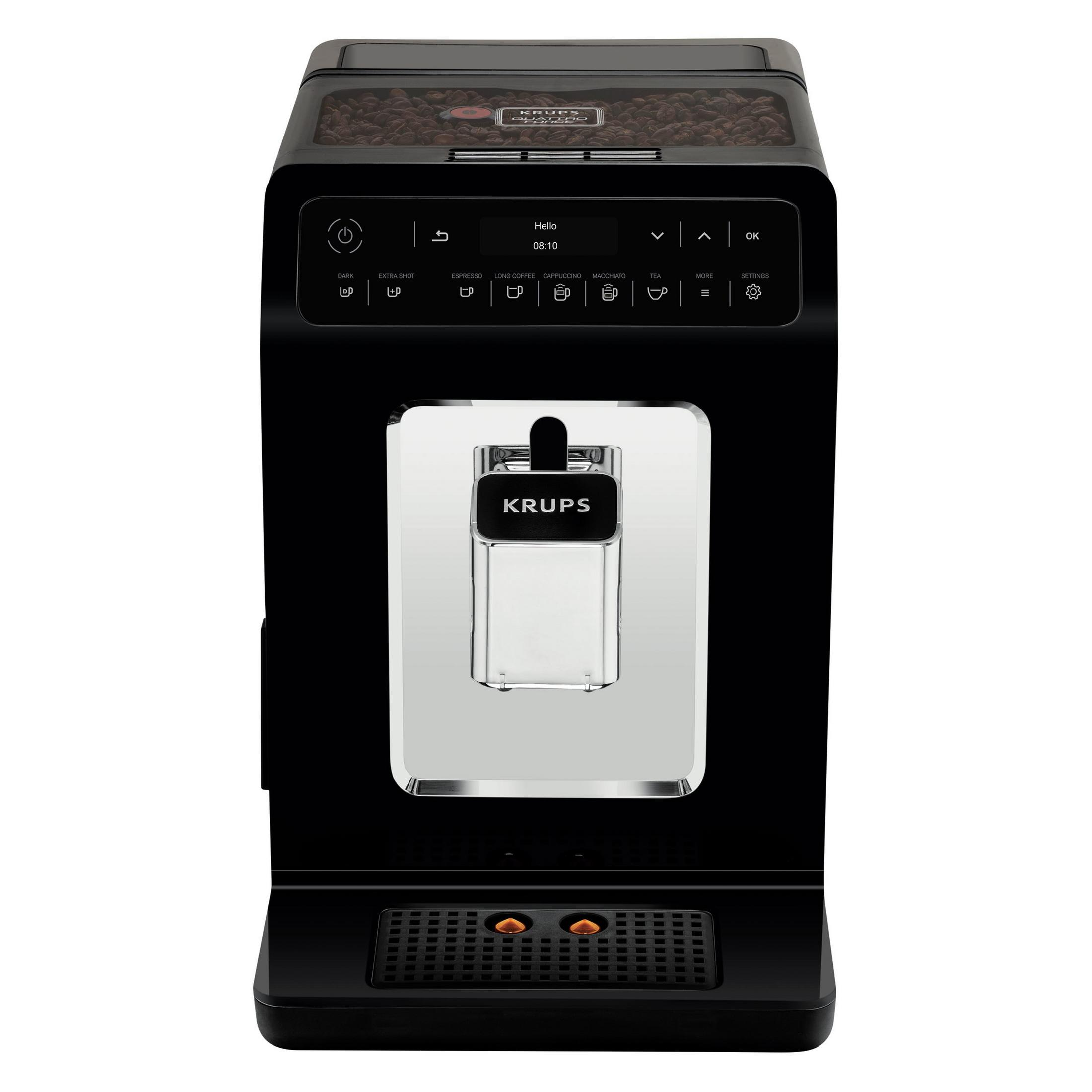 Czarny i srebrny ekspres do kawy Krups z ziarnami kawy w górnej komorze.