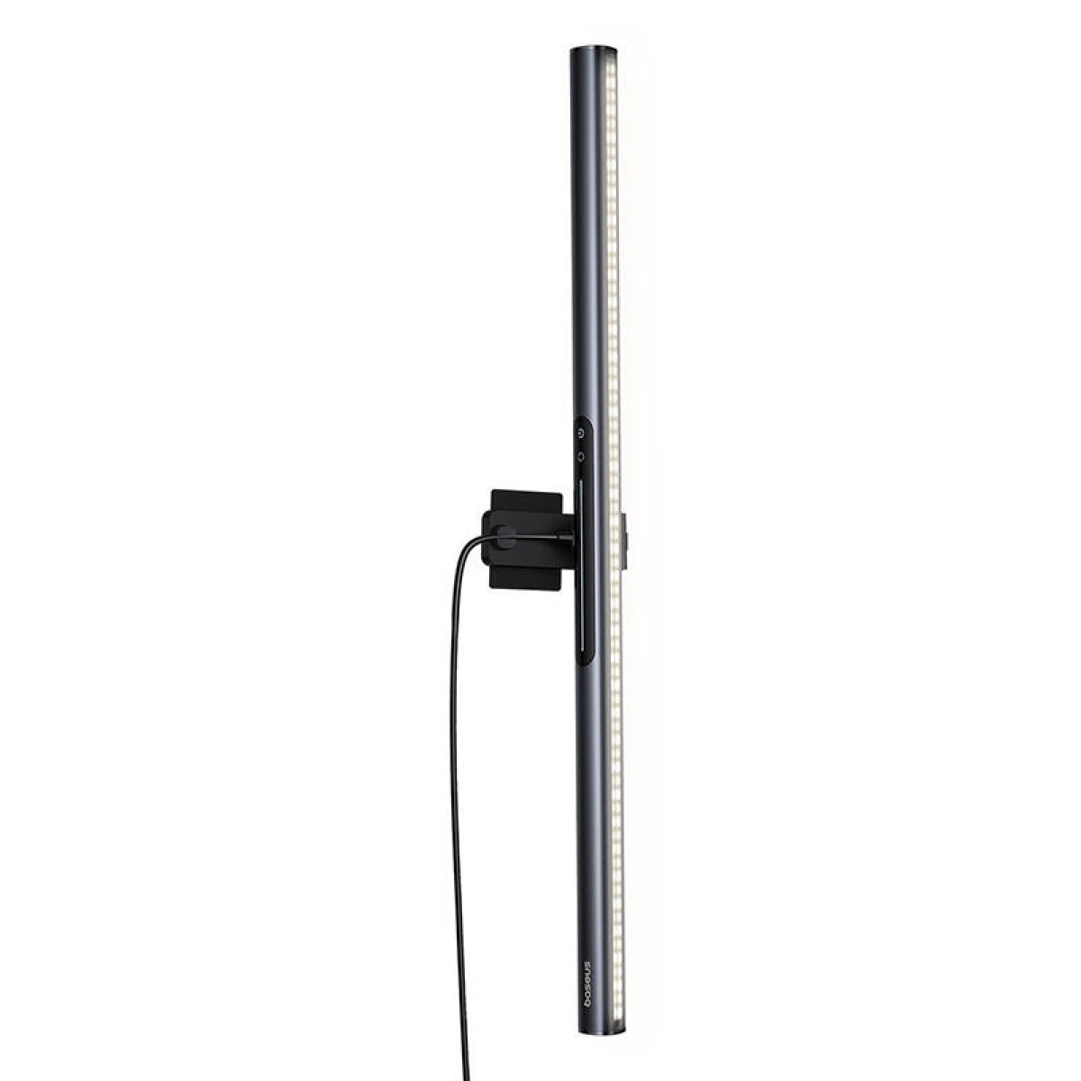 Lange, zwarte LED-strip met een kabel en een montageclip, op een witte achtergrond.