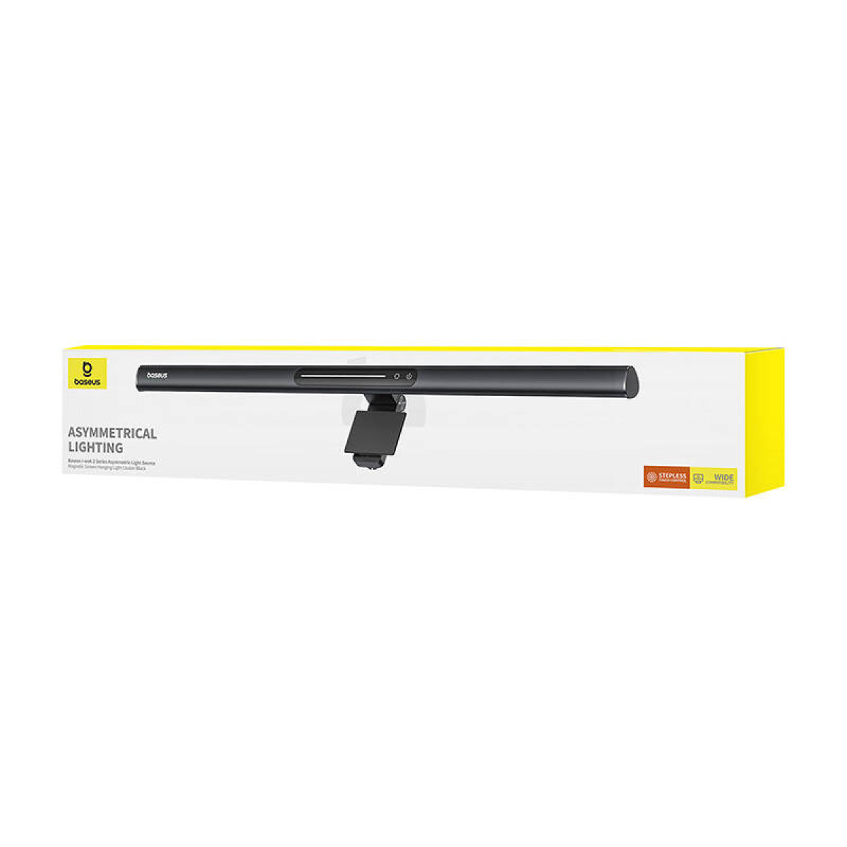 Een zwart asymmetrisch verlichtingsapparaat met een doos op een witte achtergrond, met de productnaam.