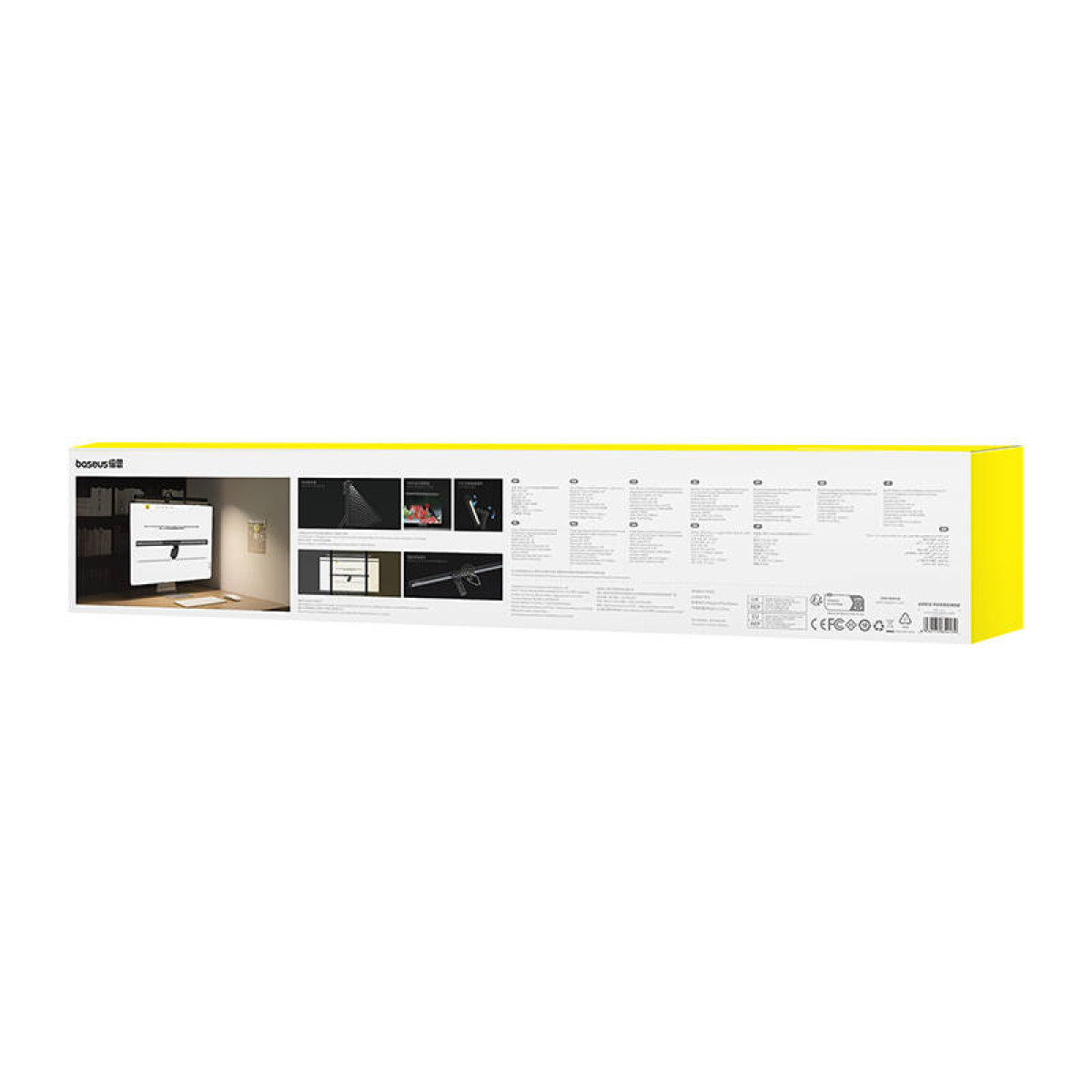 Een lange doos met productafbeeldingen en tekst. De afbeeldingen tonen een computermonitor en verlichting.