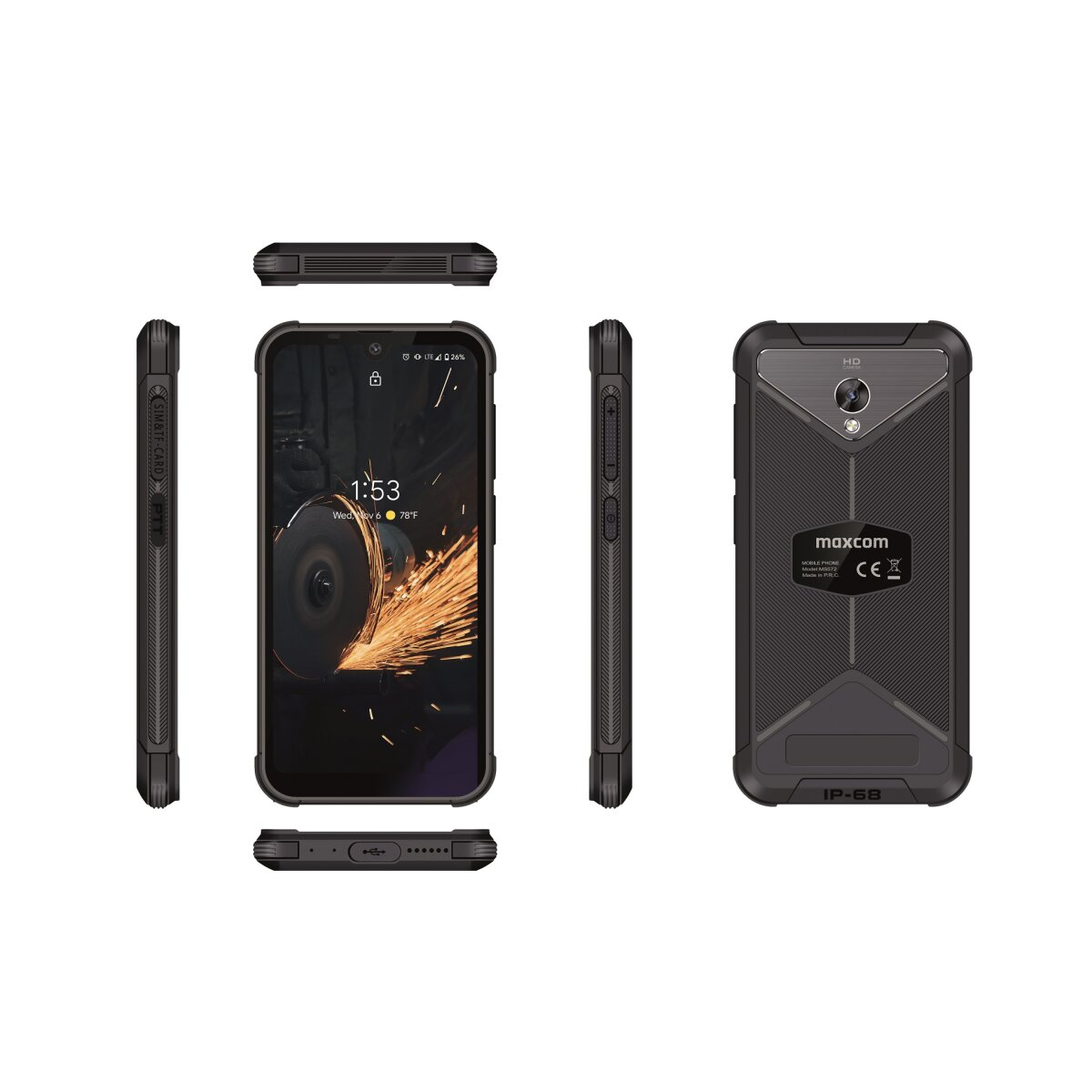 Schwarzes, robustes Smartphone. Mehrere Ansichten zeigen Seiten und Rückseite mit Arbeitsanzeige.