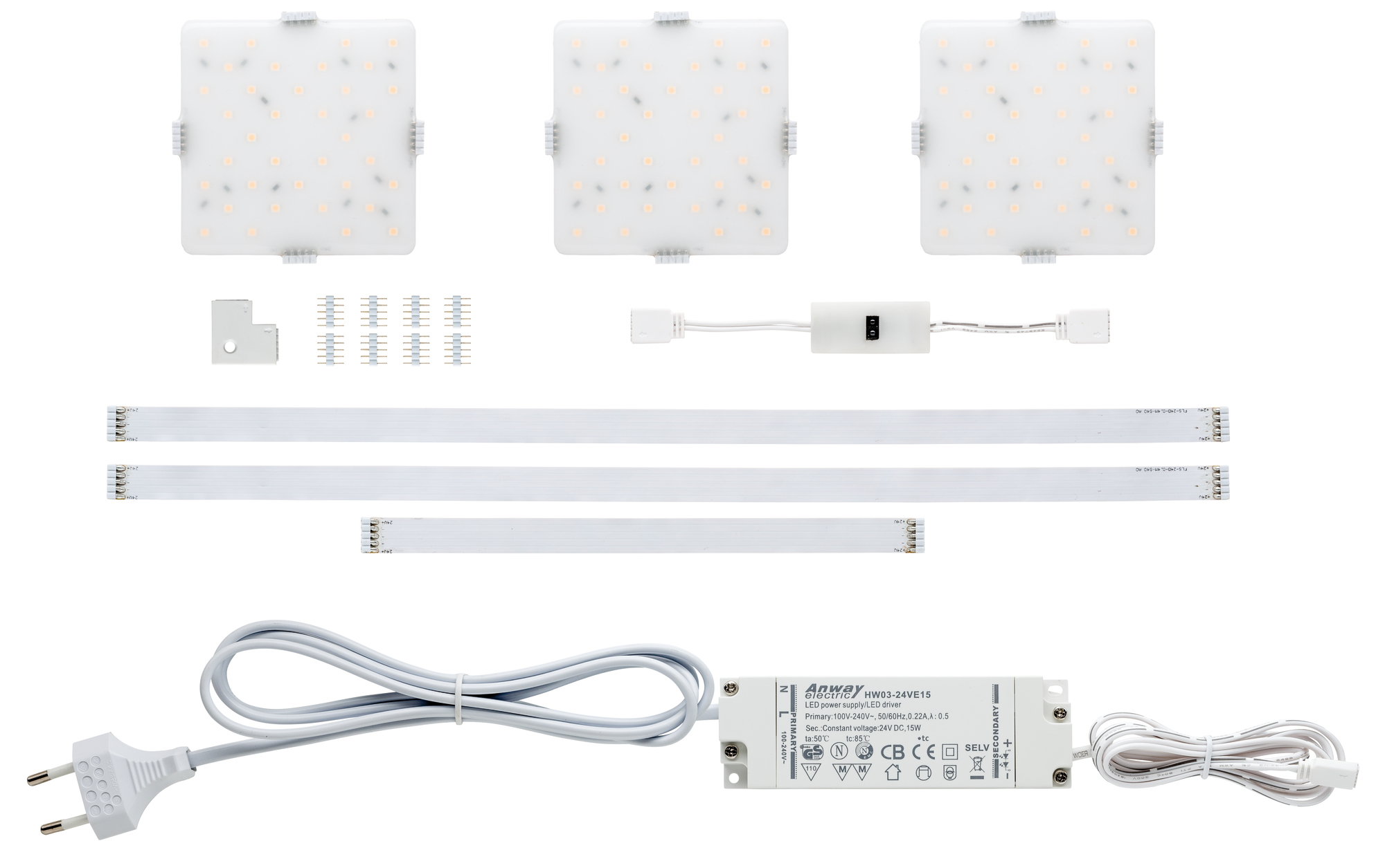 Luci LED assortite, inclusi pannelli quadrati e strisce, con connettori e alimentatore.