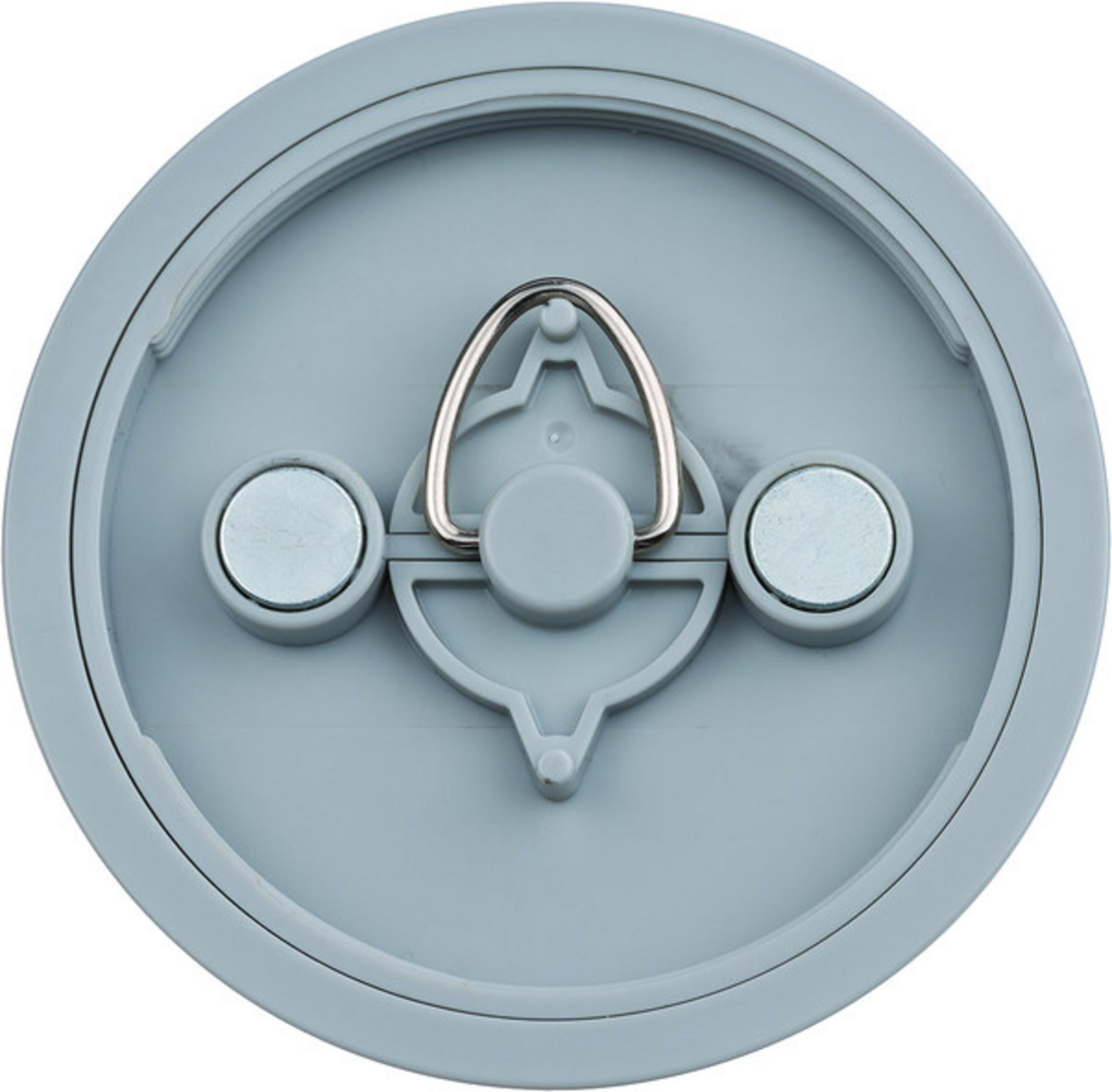 Szary plastikowy hak z metalowym kółkiem i dwoma magnesami, idealny do wieszania.