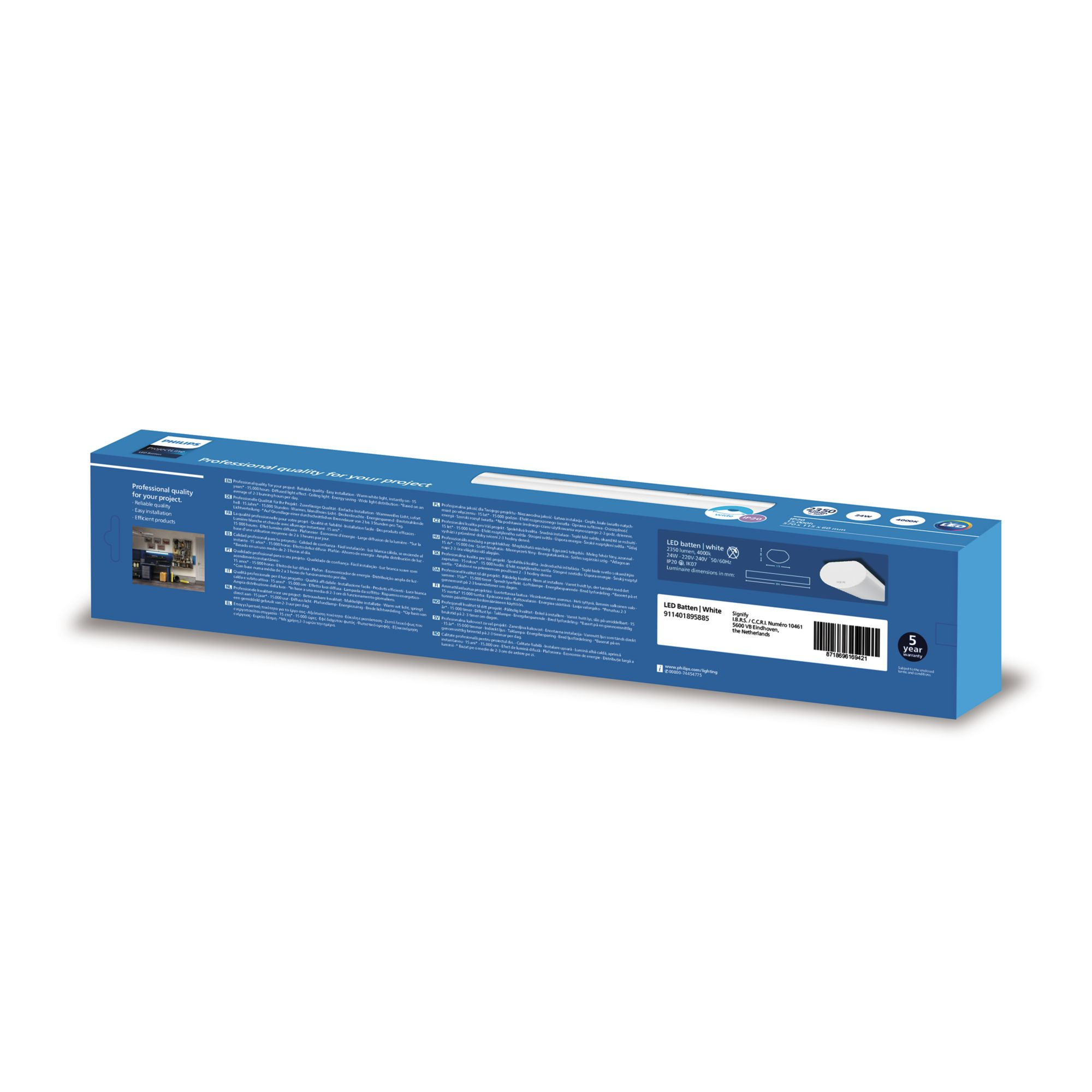 Blaue Box mit Philips LED-Beleuchtungsinformationen. Weißes LED-Licht an der Seite.