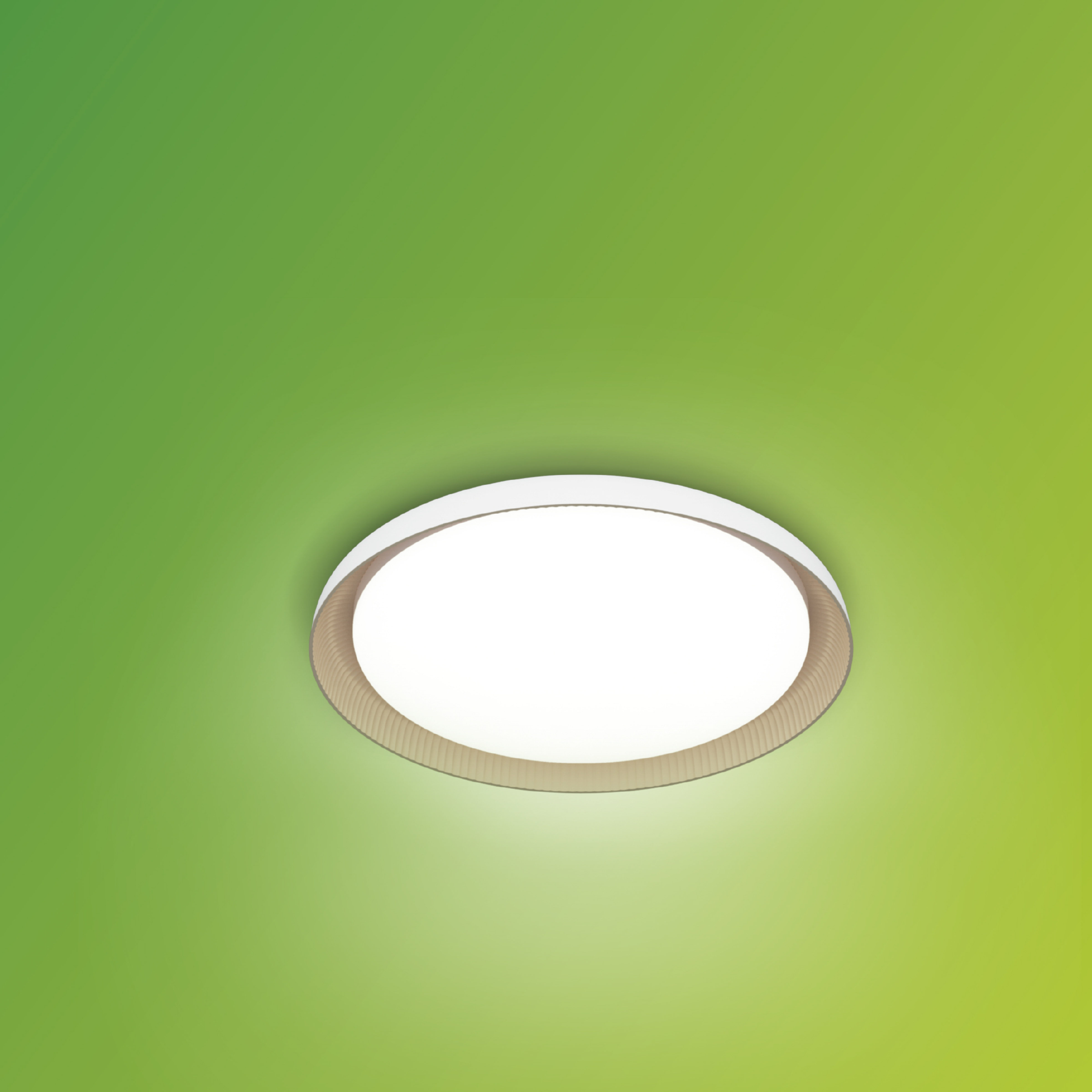 Luce da soffitto rotonda su sfondo sfumato verde e giallo. La luce è bianca.
