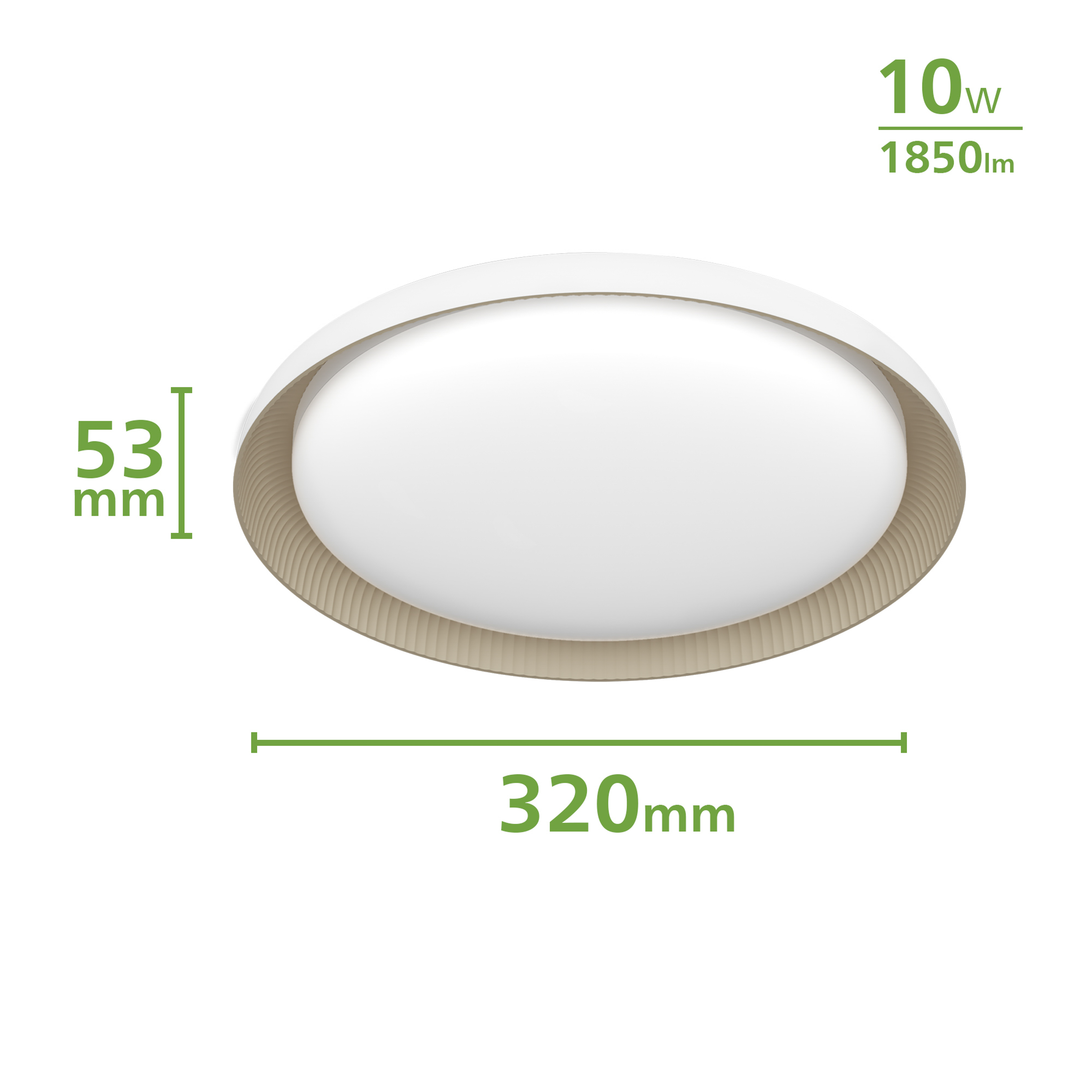 Lampada da soffitto ovale. Bianca con anello interno beige. Dimensioni e wattaggio visibili.