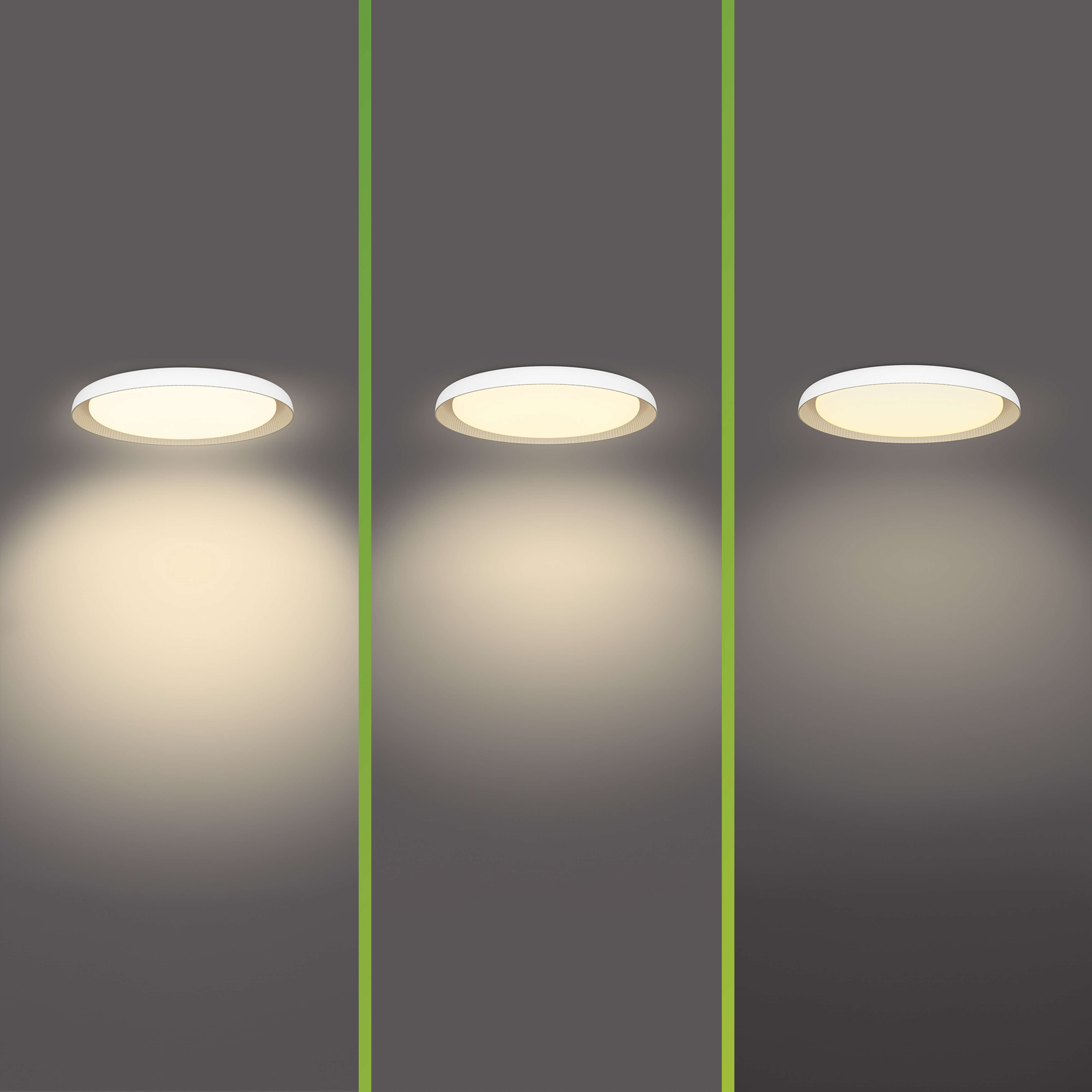 Tre lampade da soffitto, spaziate uniformemente, che illuminano una parete grigio scuro.