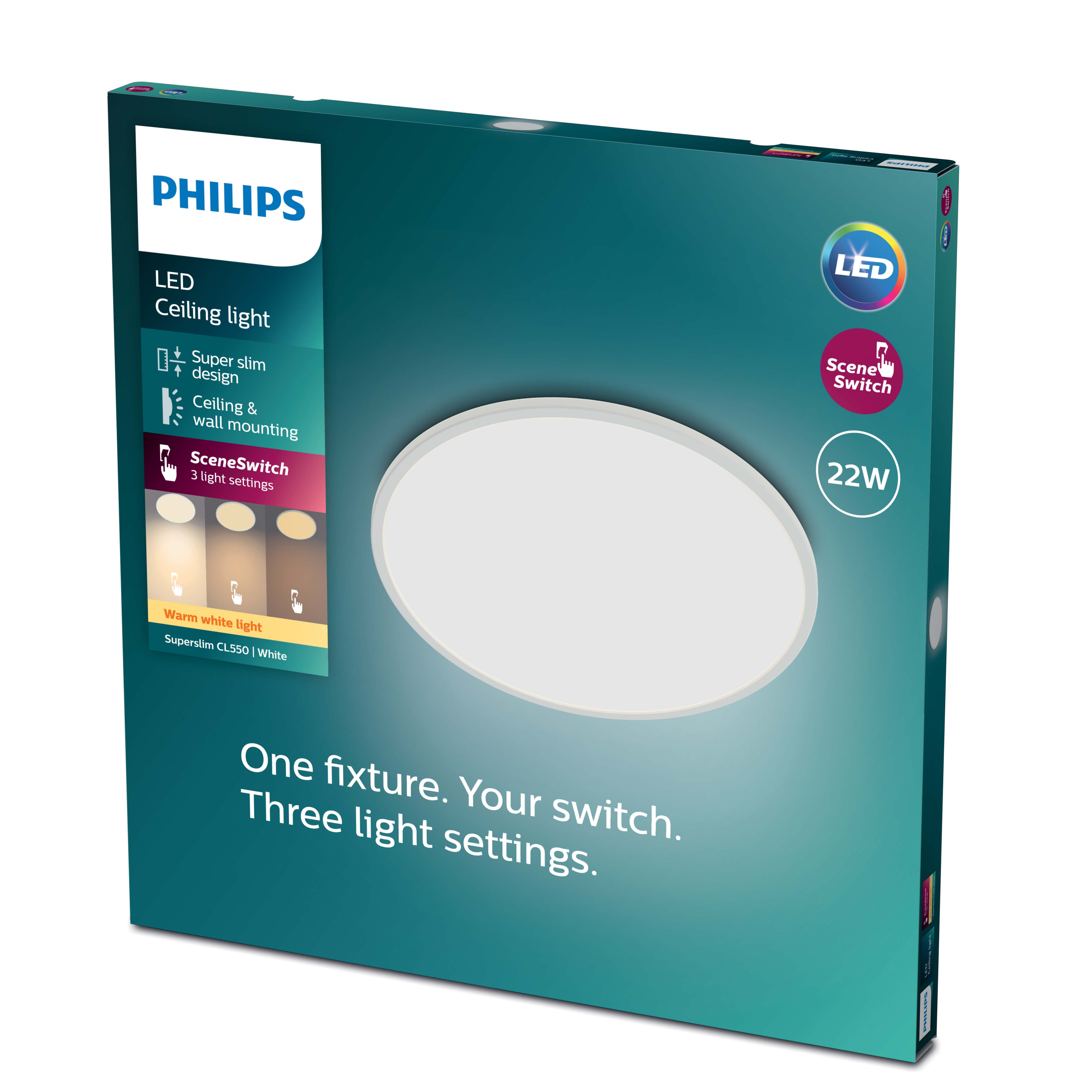 Plafoniera LED Philips in scatola. Design ultrasottile, SceneSwitch e luce bianca calda inclusi.