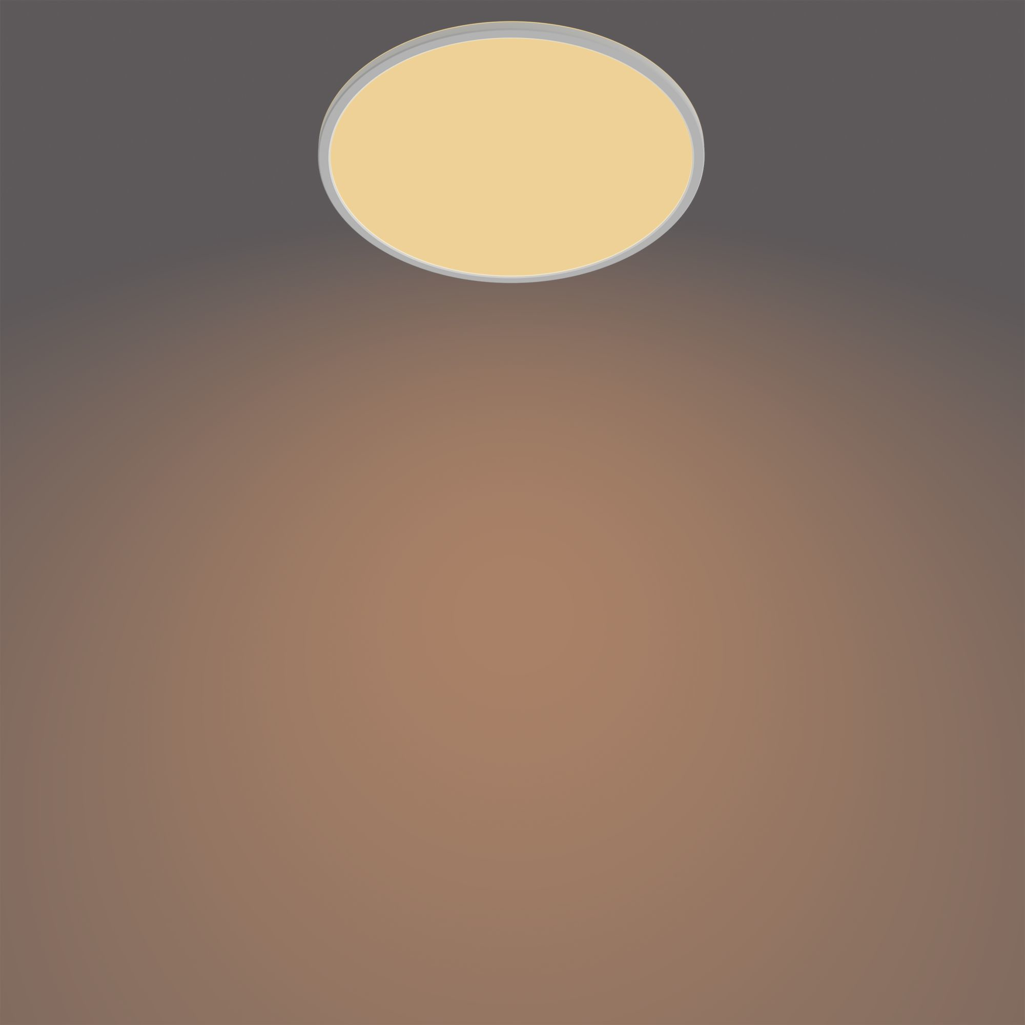 Una plafoniera circolare, che emette luce calda, è centrata su uno sfondo sfumato marrone e grigio.