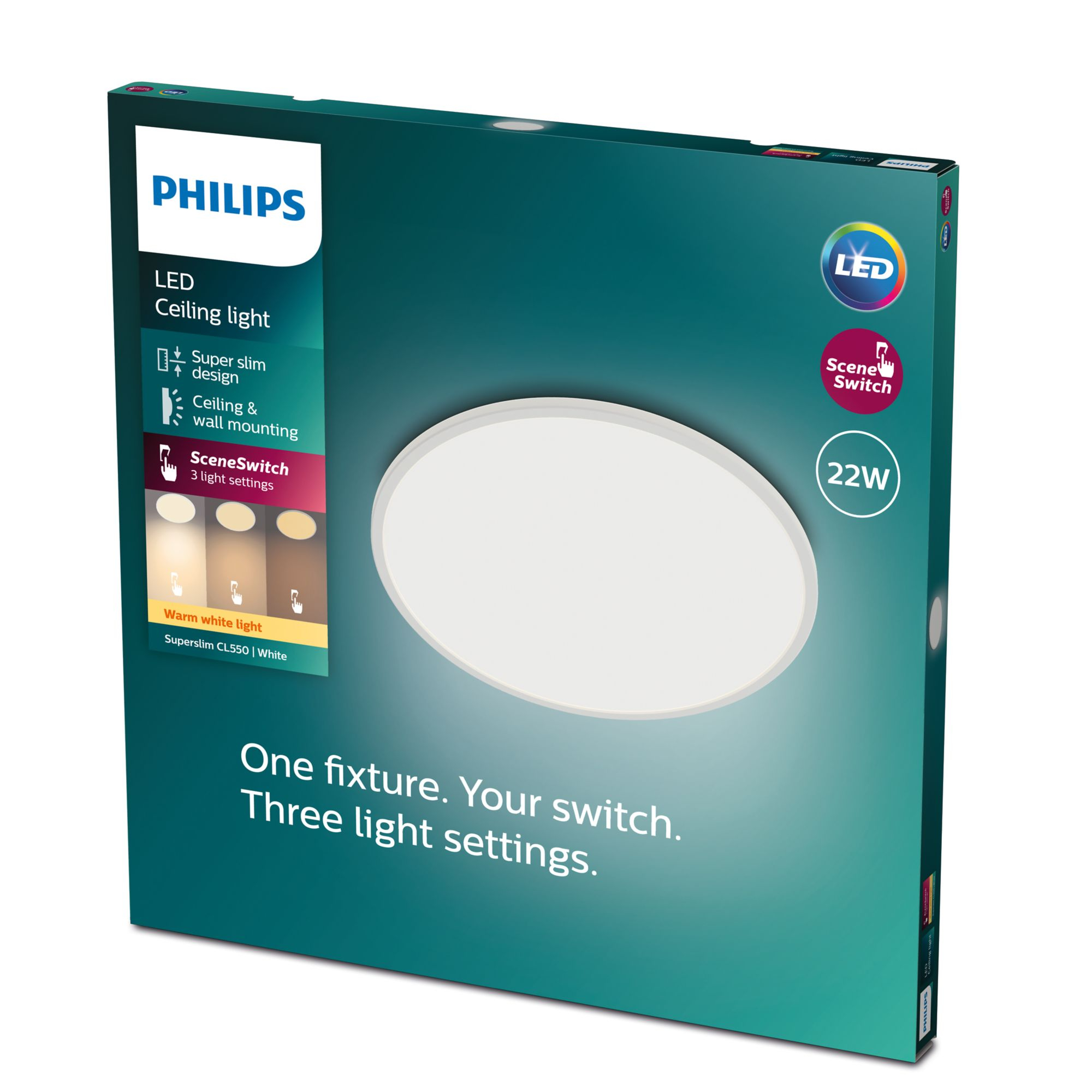 Scatola della luce da soffitto Philips, con testo e luce rotonda sul davanti.