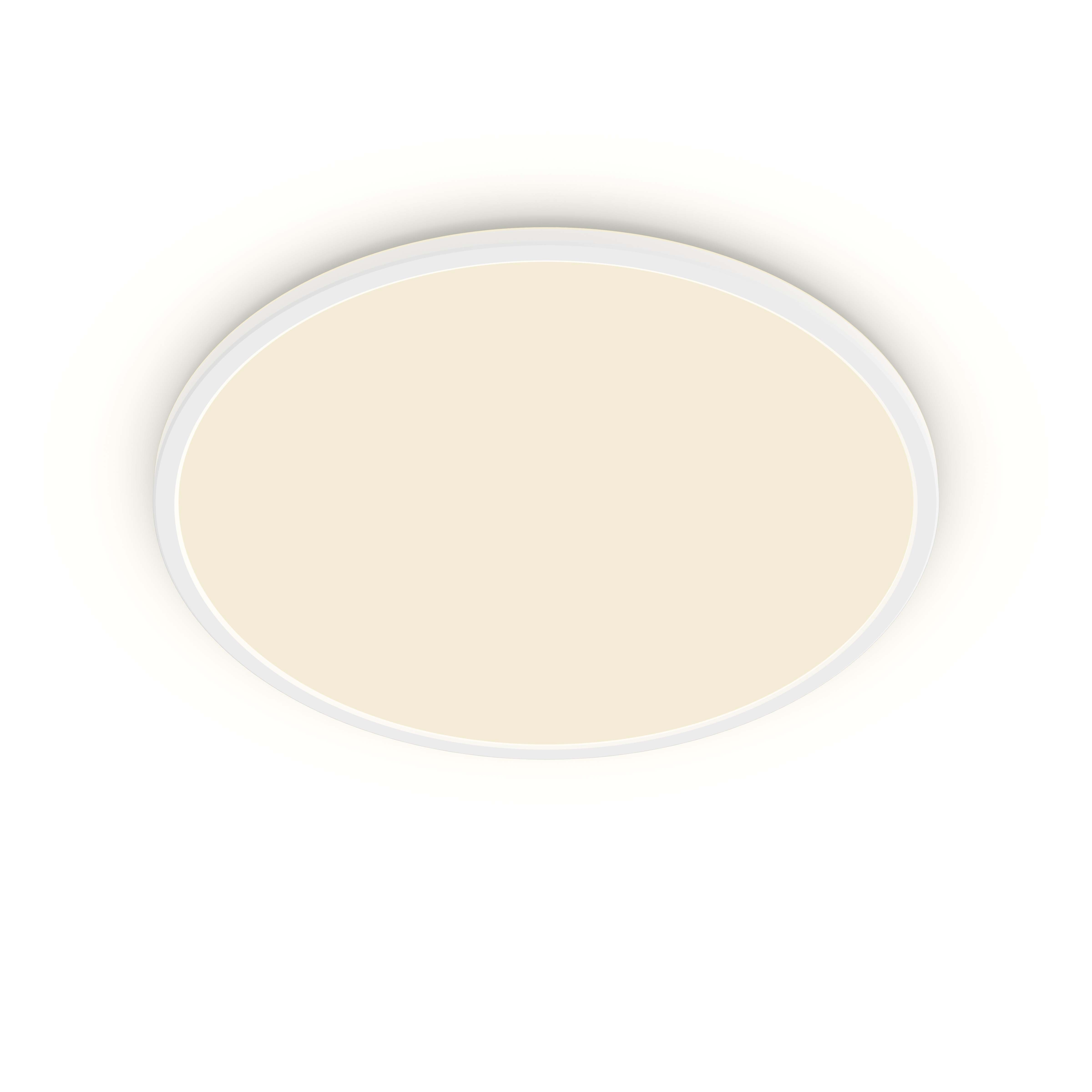 Una plafoniera a LED rotonda bianca. Sfondo bianco.