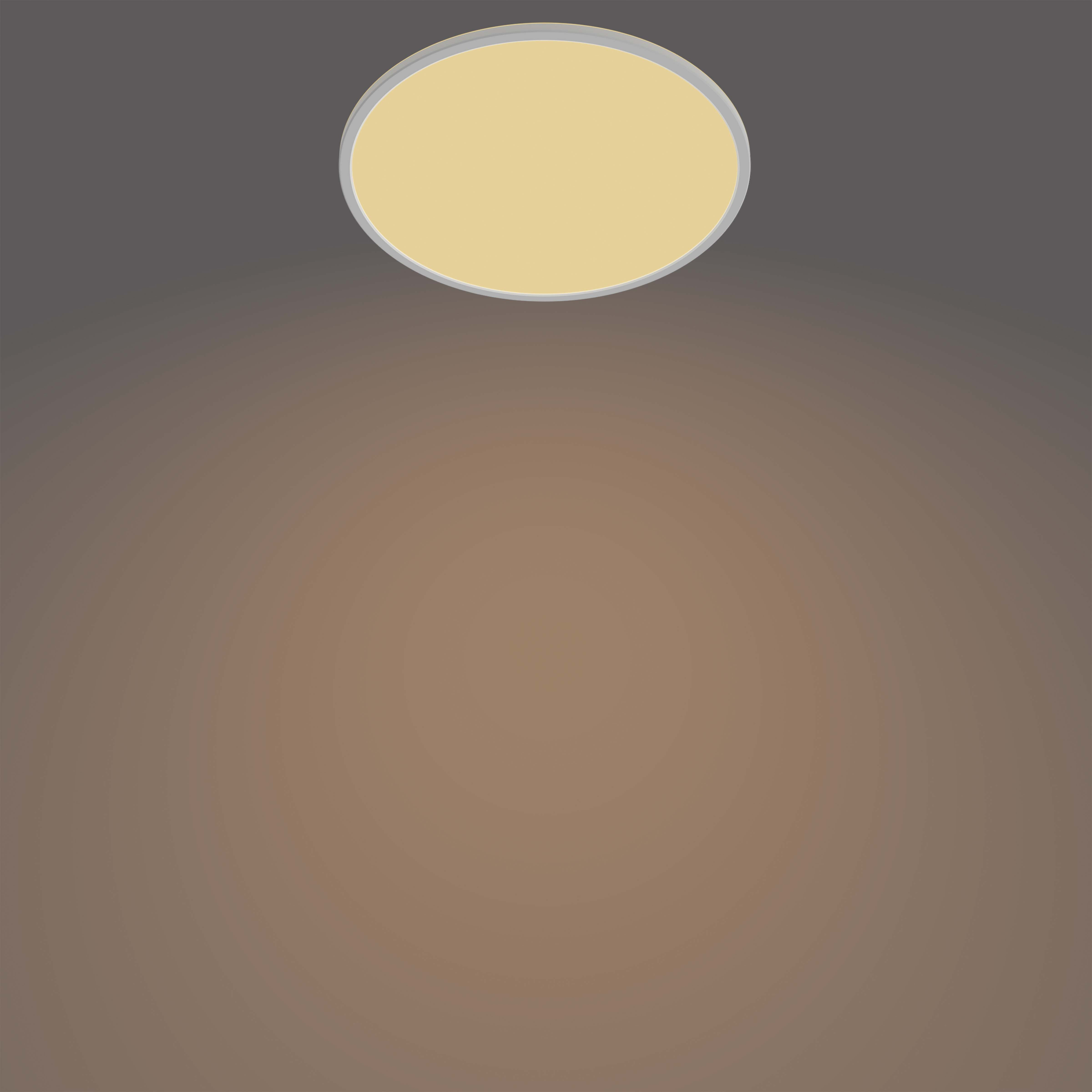 Una plafoniera circolare, che emette luce calda, è centrata su uno sfondo sfumato marrone e grigio.