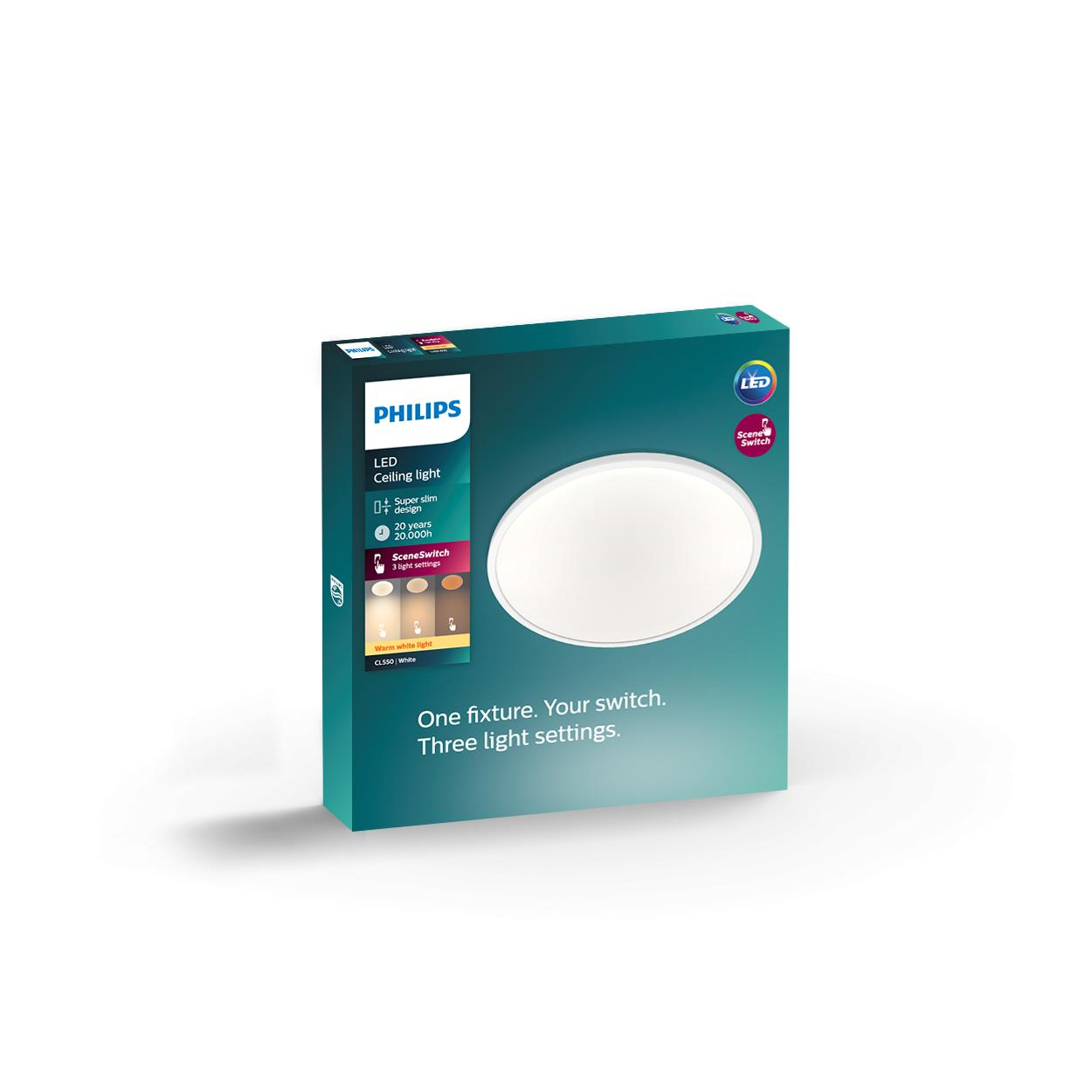 Scatola con plafoniera LED rotonda bianca. Testo e grafica visibili.