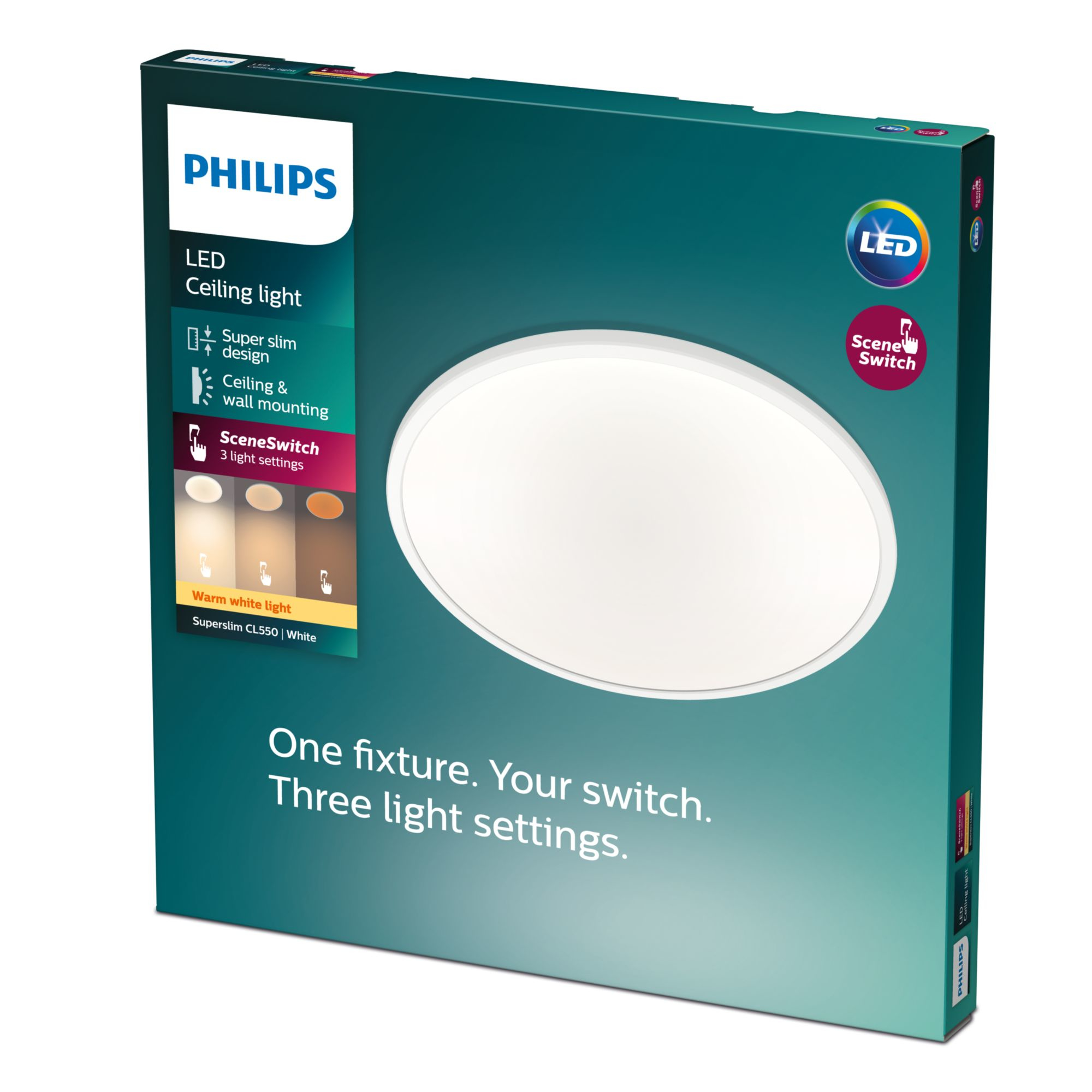 Plafoniera LED Philips in scatola. Design ultrasottile, SceneSwitch e luce bianca calda inclusi.