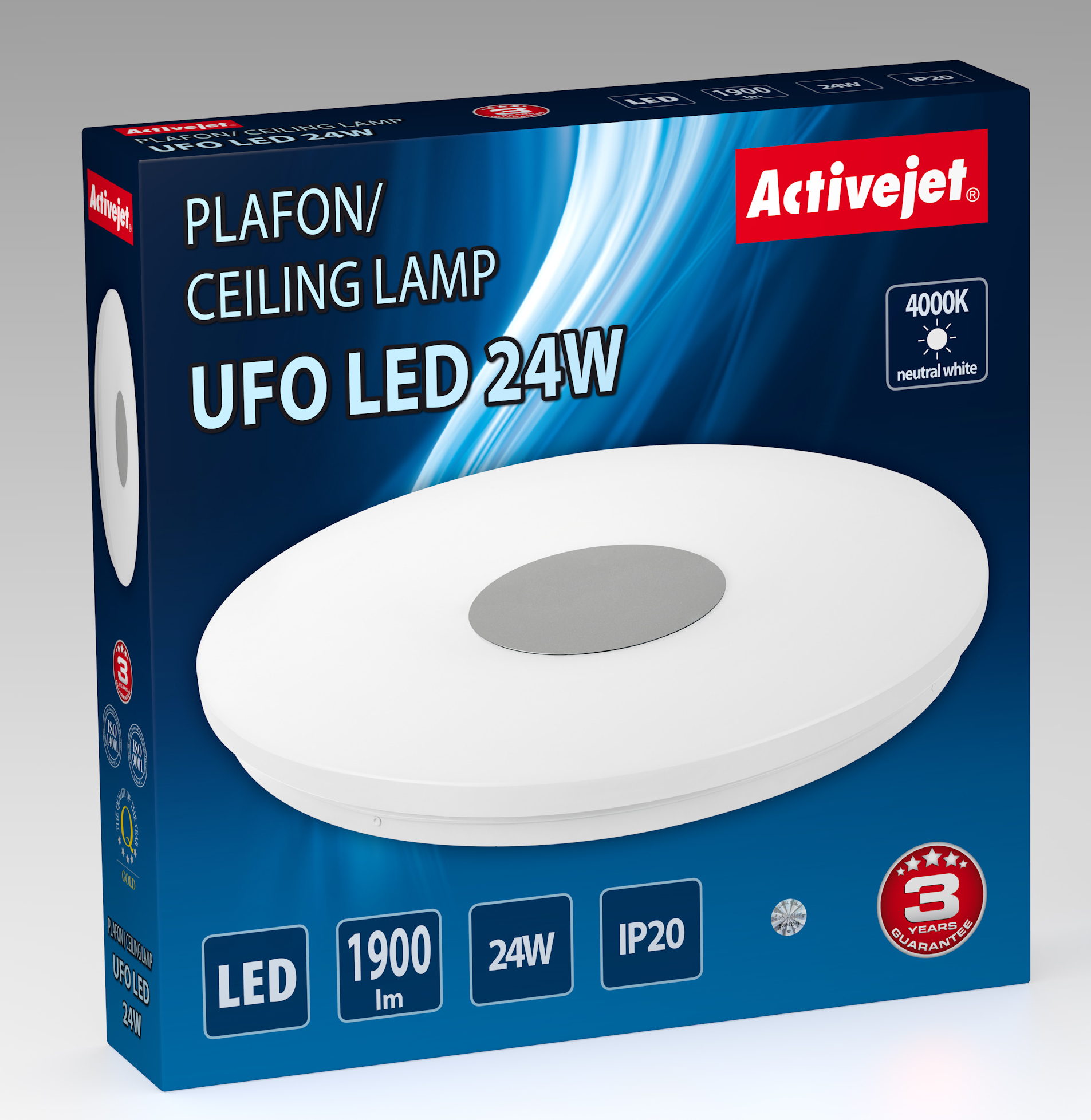 Una scatola mostra una lampada da soffitto a LED UFO bianca. Testo: 'Activejet', 'UFO LED 24W'.