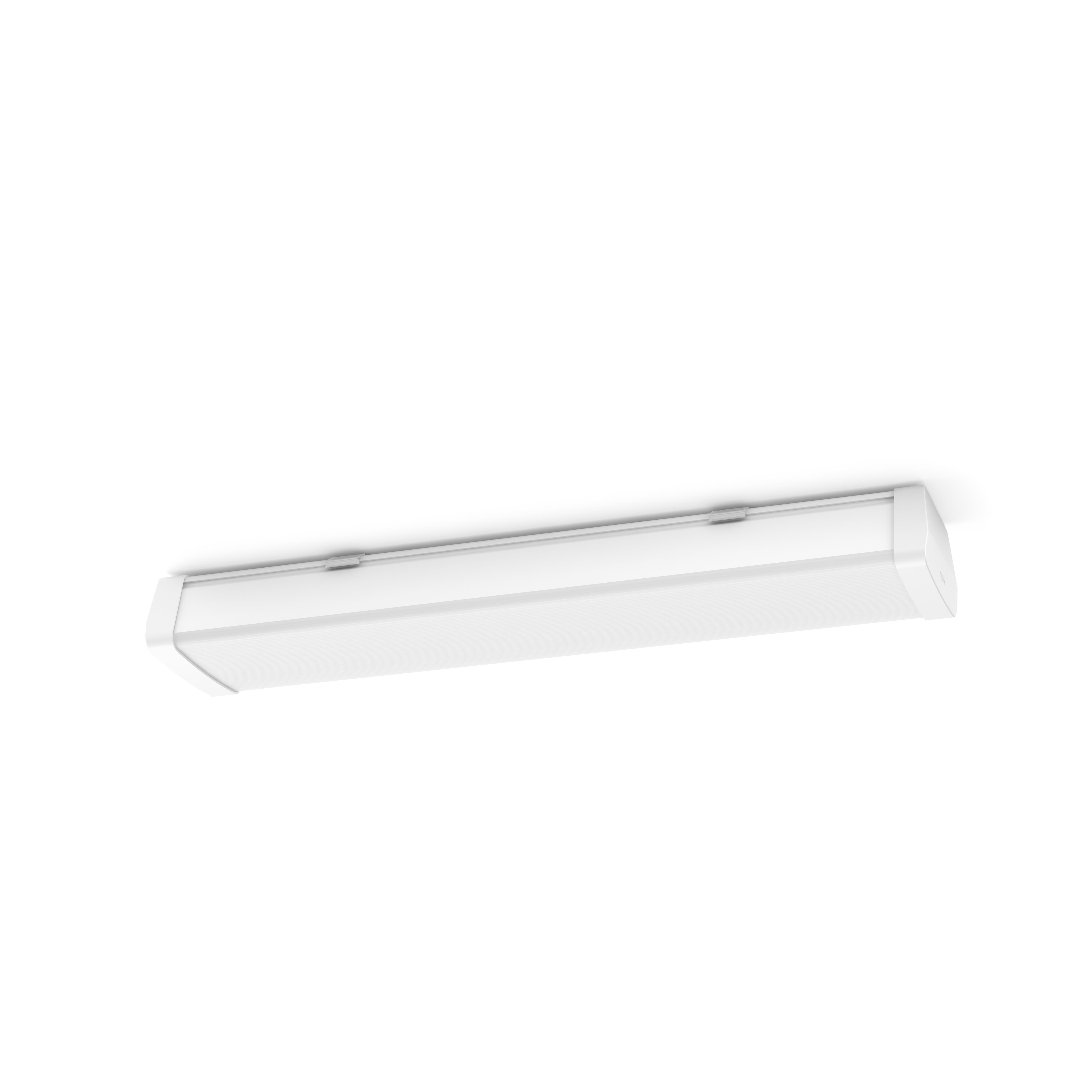 Un apparecchio di illuminazione a LED rettangolare bianco montato su un soffitto bianco. Design moderno.