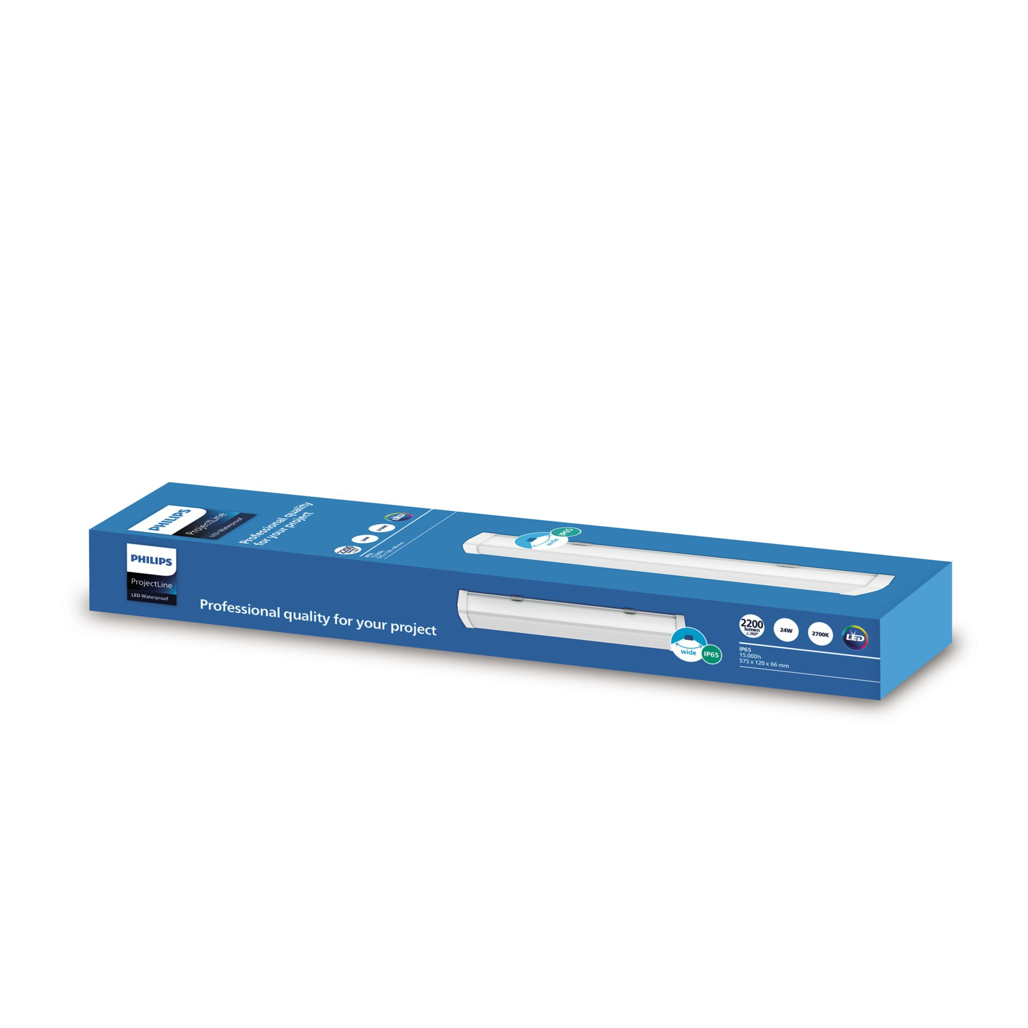 Scatola di tubi fluorescenti Philips Projectline. Mostra la scatola e il tubo, con specifiche di 2200lm e 3000K.