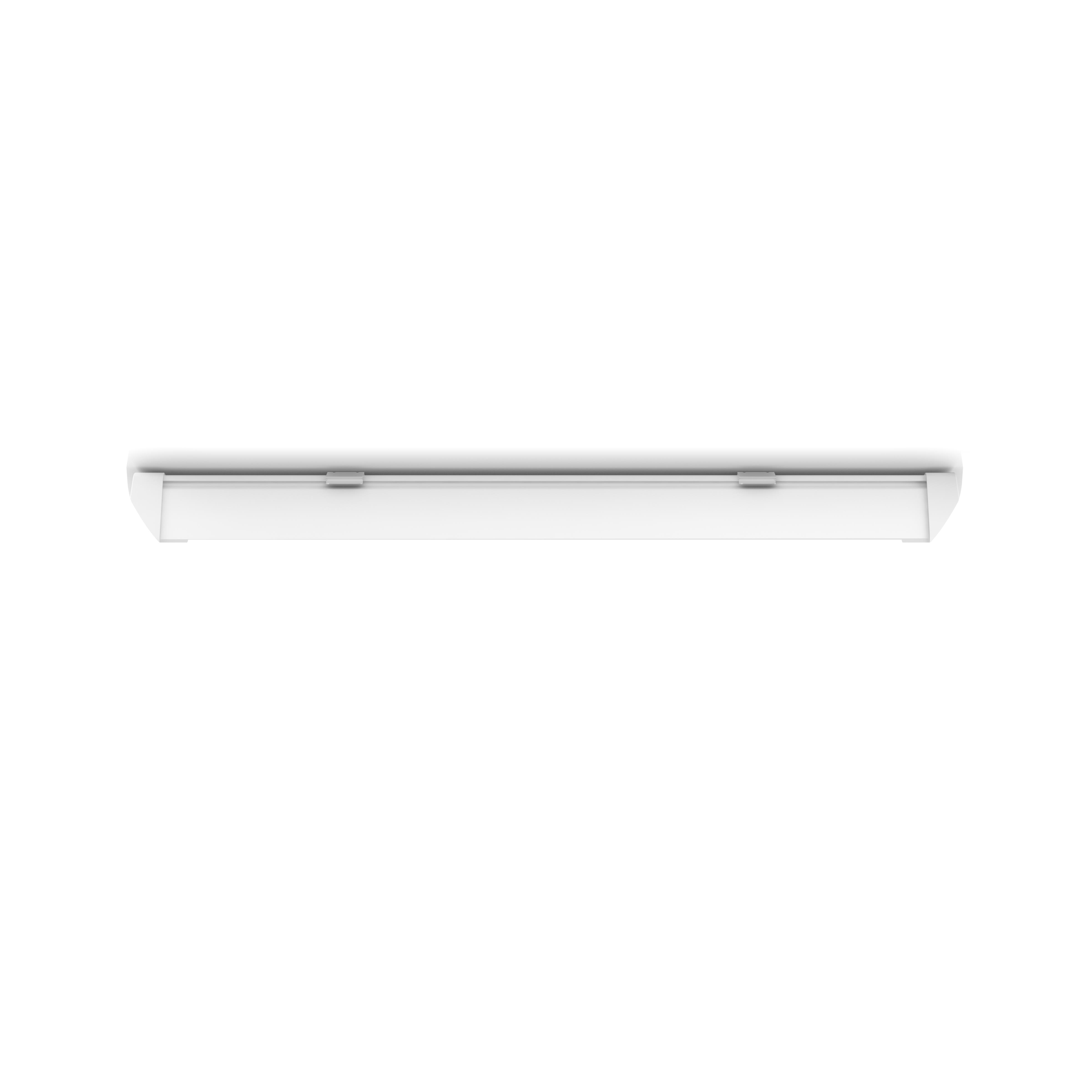 Plafoniera LED rettangolare bianca con due piccole clip in metallo su sfondo bianco.