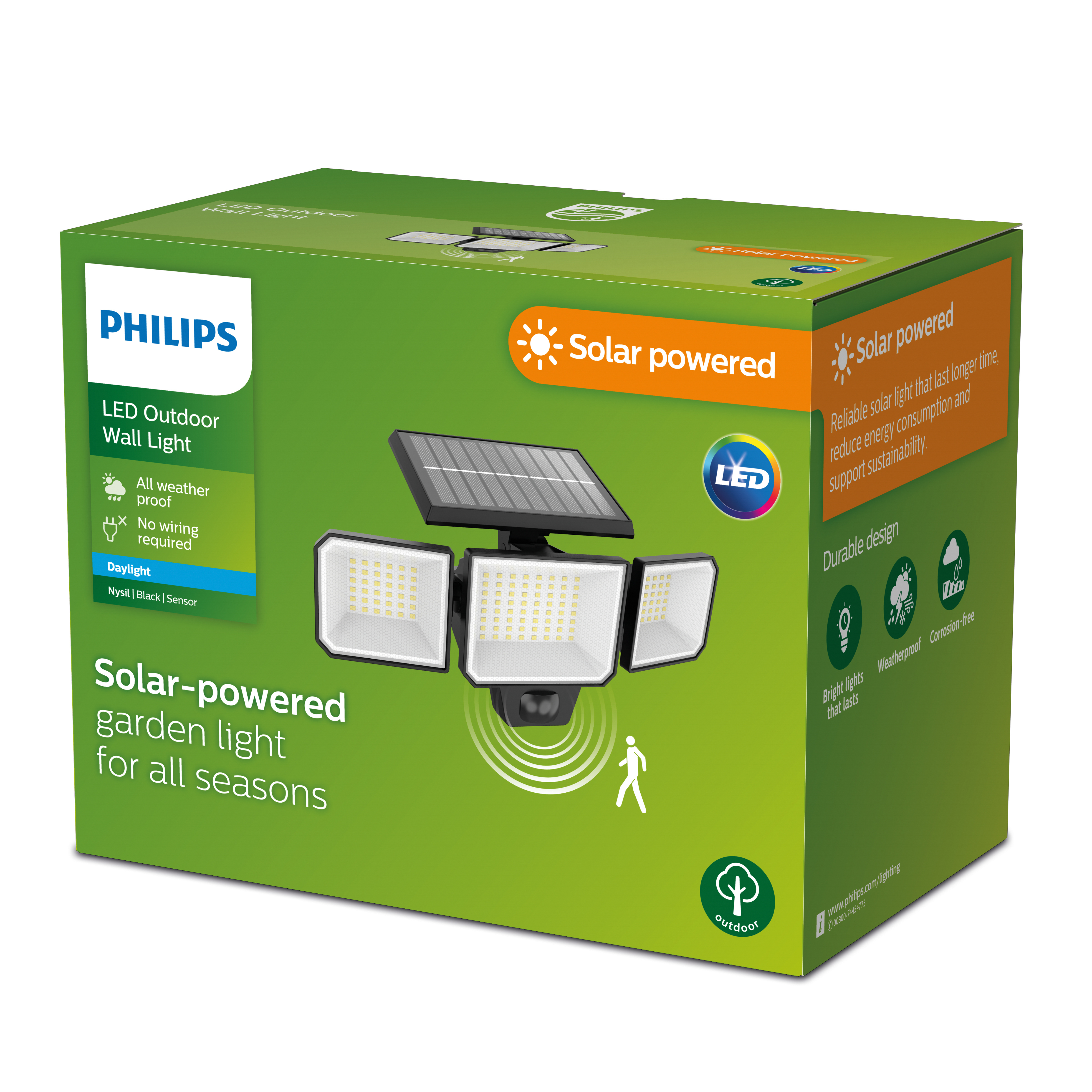 Una scatola verde con una lampada da giardino Philips a energia solare. Pannello solare, tre luci e info.