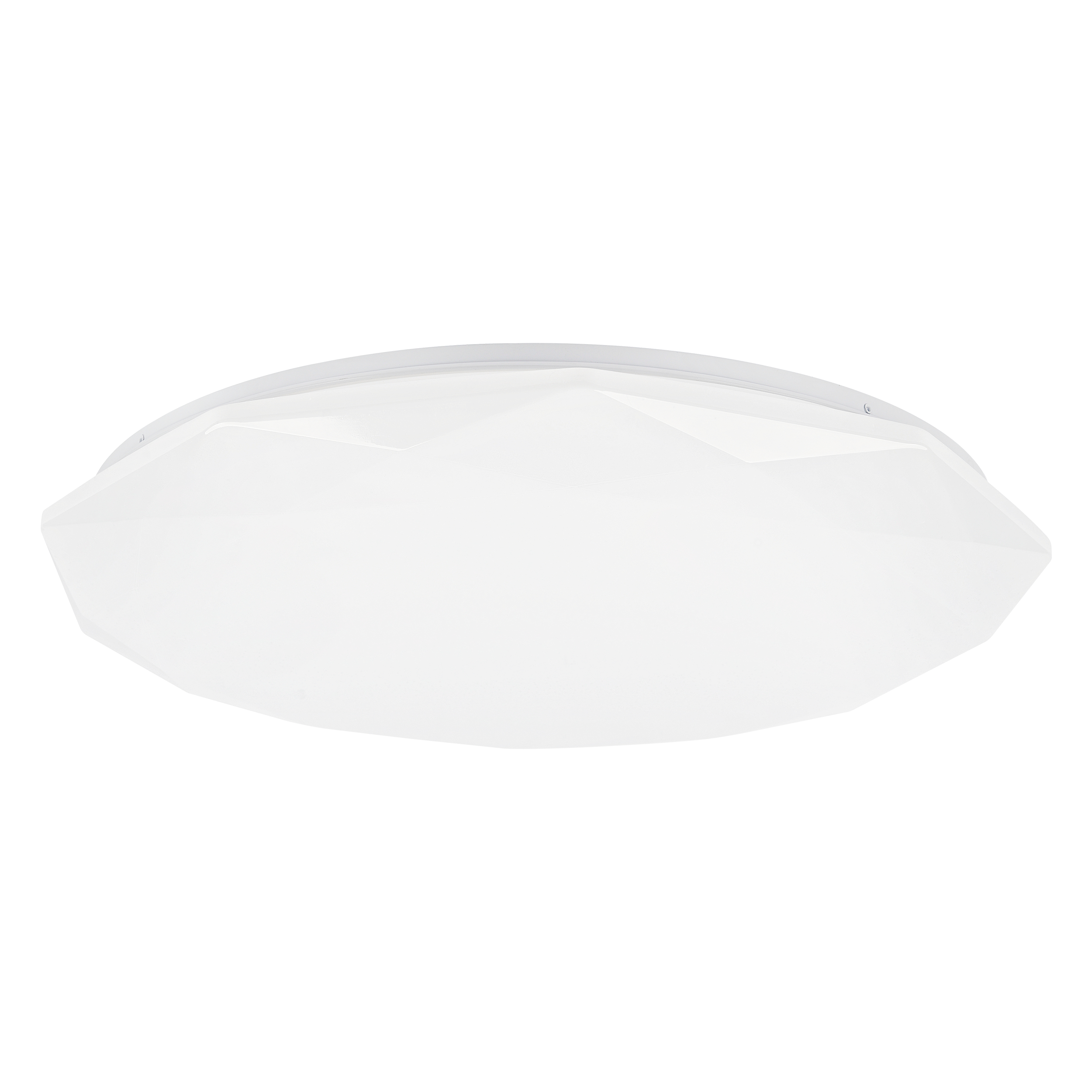 Una luce da soffitto bianca, poligonale. La luce ha un design unico e sfaccettato.