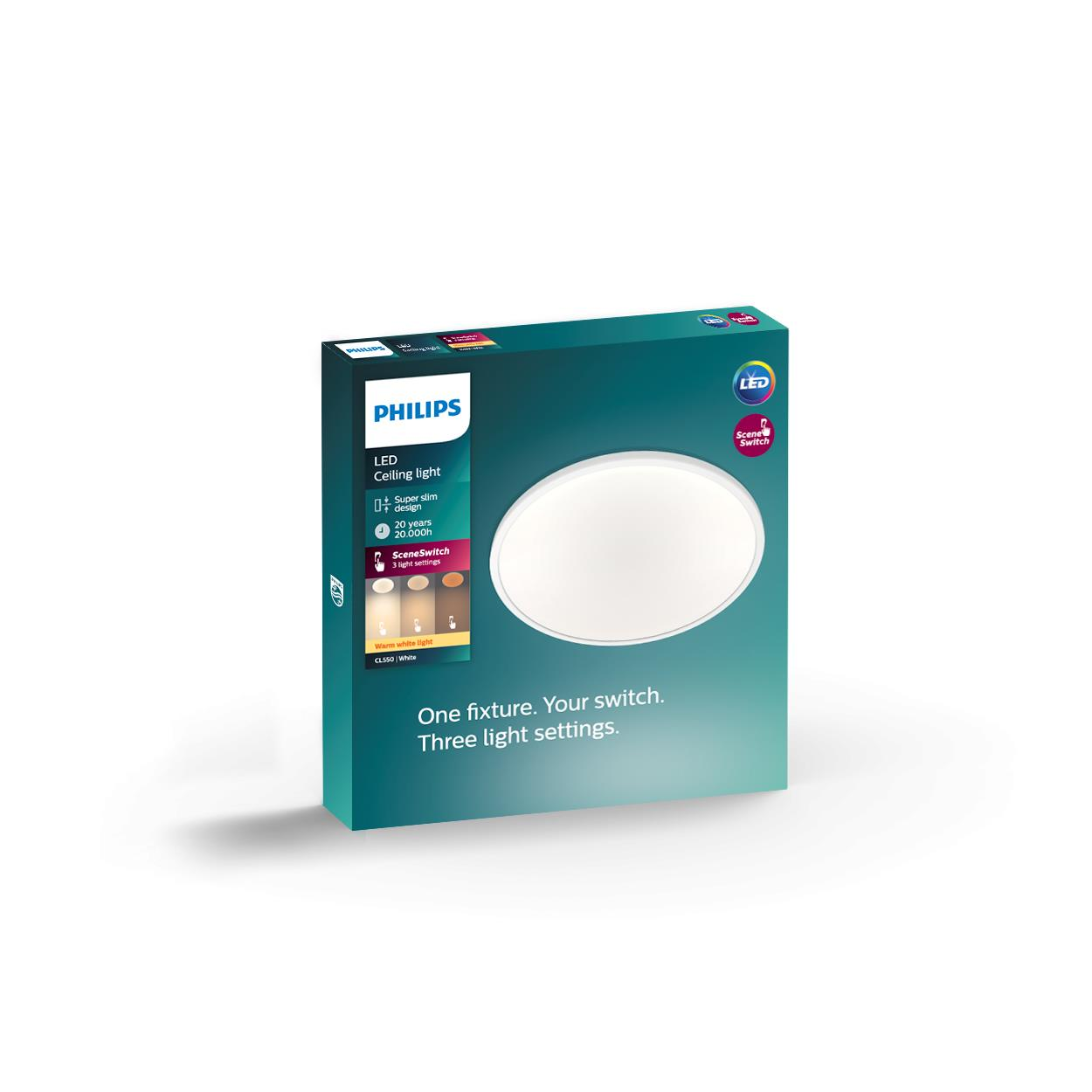 Una scatola per plafoniera a LED Philips. La scatola ha una luce bianca e la funzione SceneSwitch.