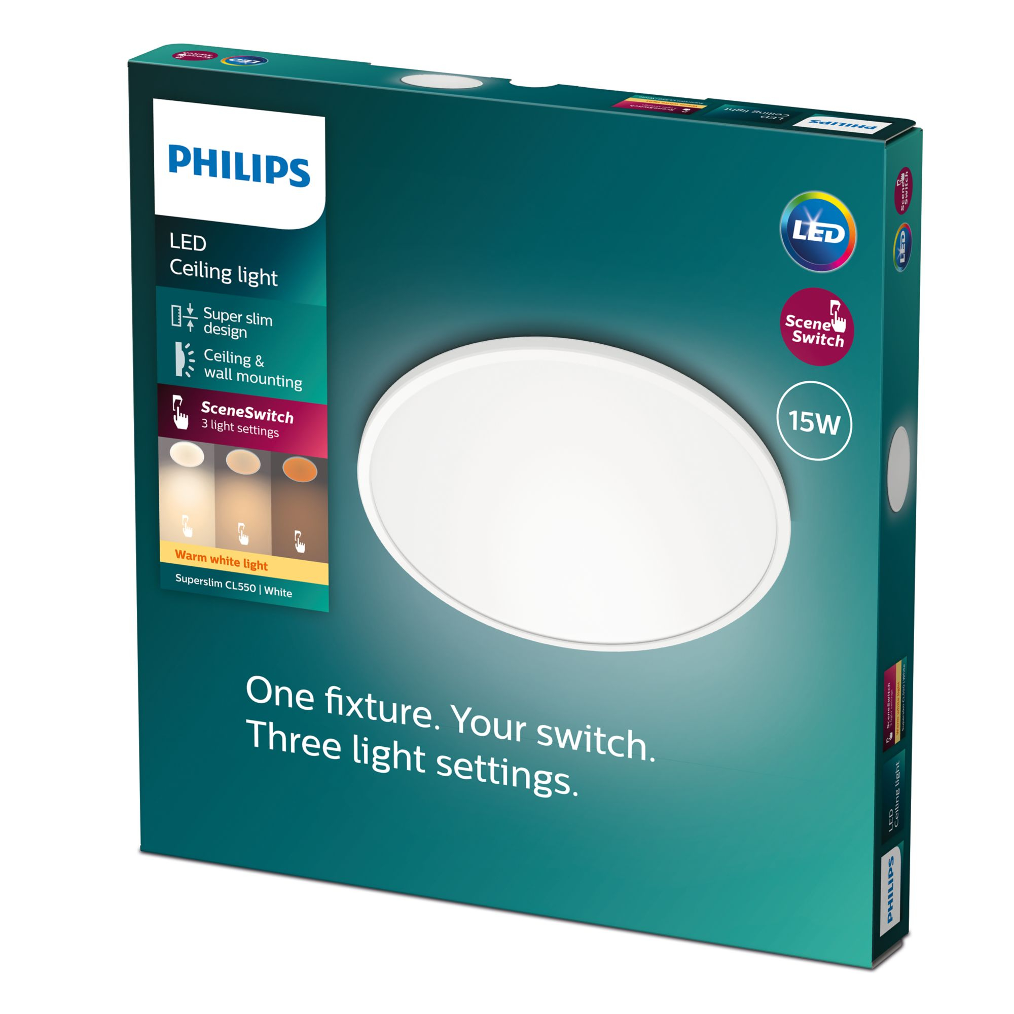 Scatola di una plafoniera a LED Philips. Ha un'immagine luminosa rotonda e funzioni come SceneSwitch con tre impostazioni.