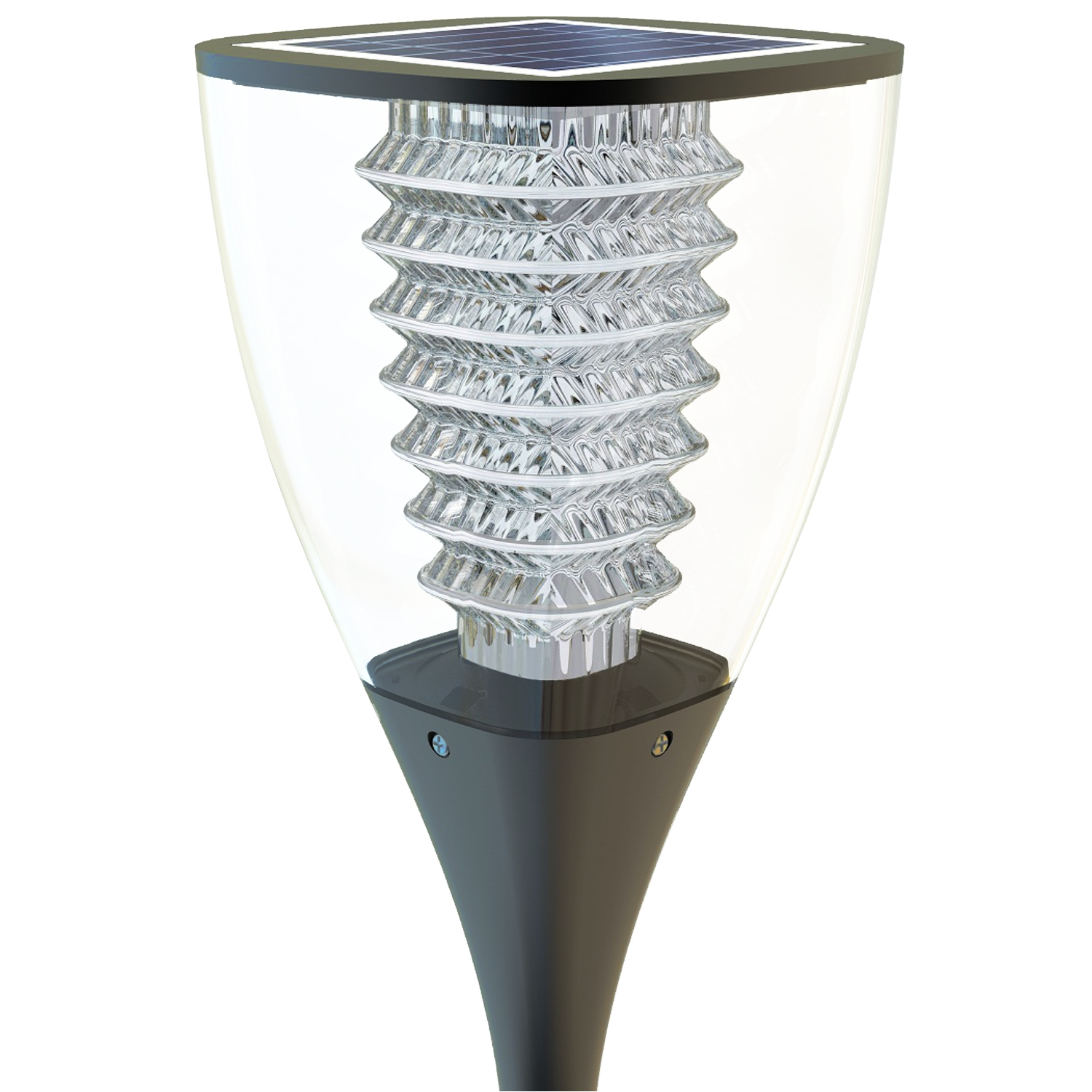 Lampada da esterno a energia solare con copertura trasparente e base nera.
