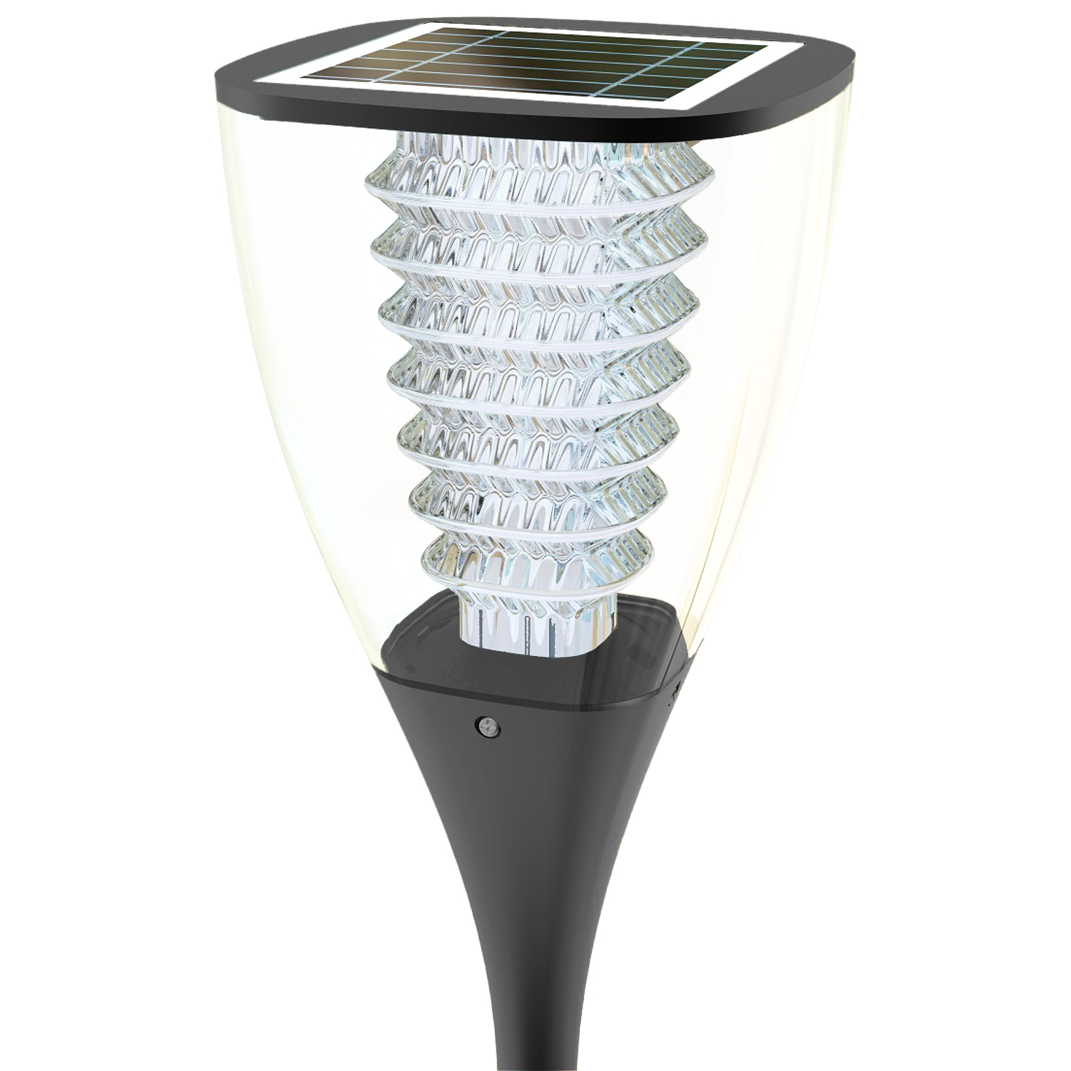 Luce solare da giardino, plastica nera e trasparente, pannello solare sopra, LED all'interno.