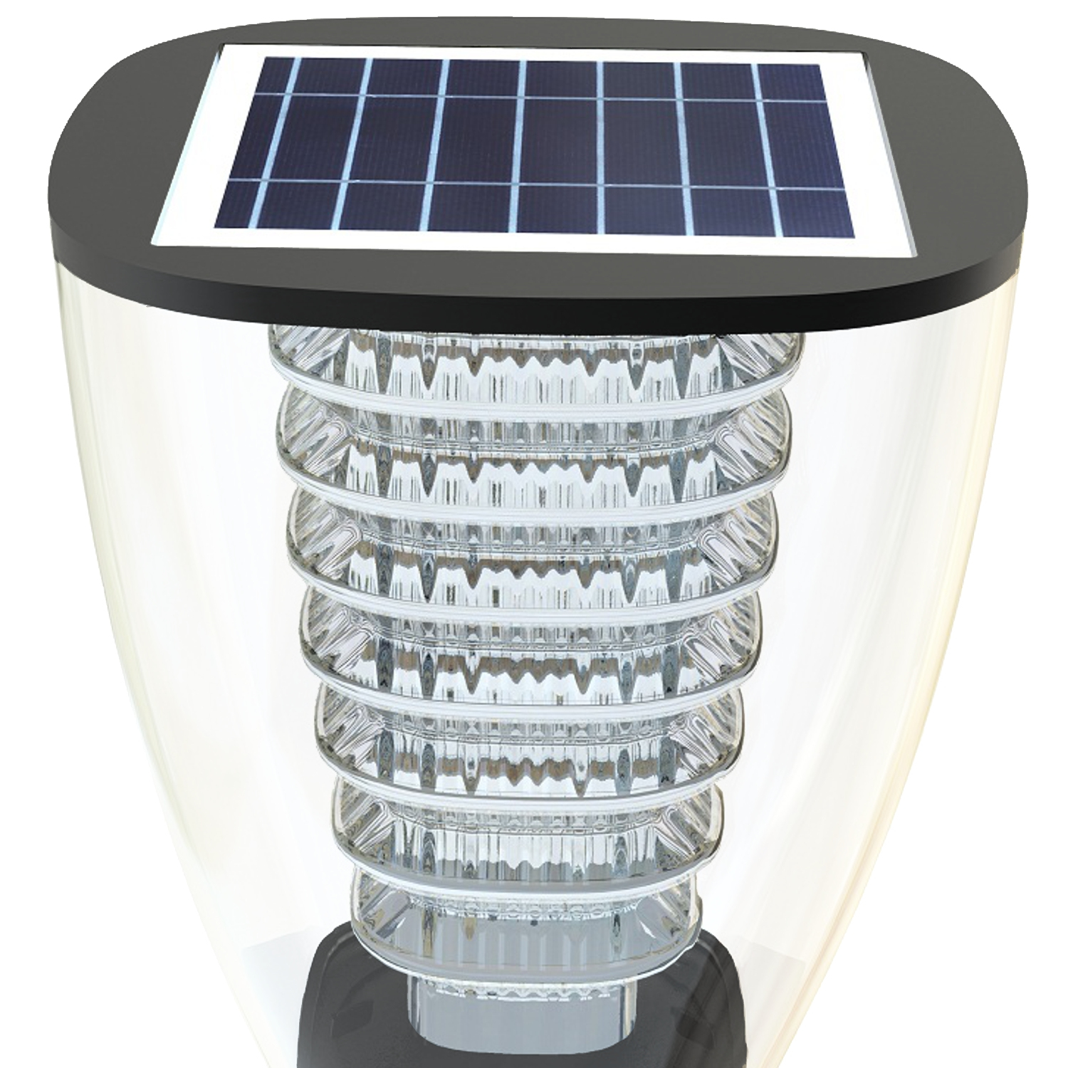 Luce da giardino a energia solare. Parte superiore nera con pannello solare, vetro trasparente e luci a LED.