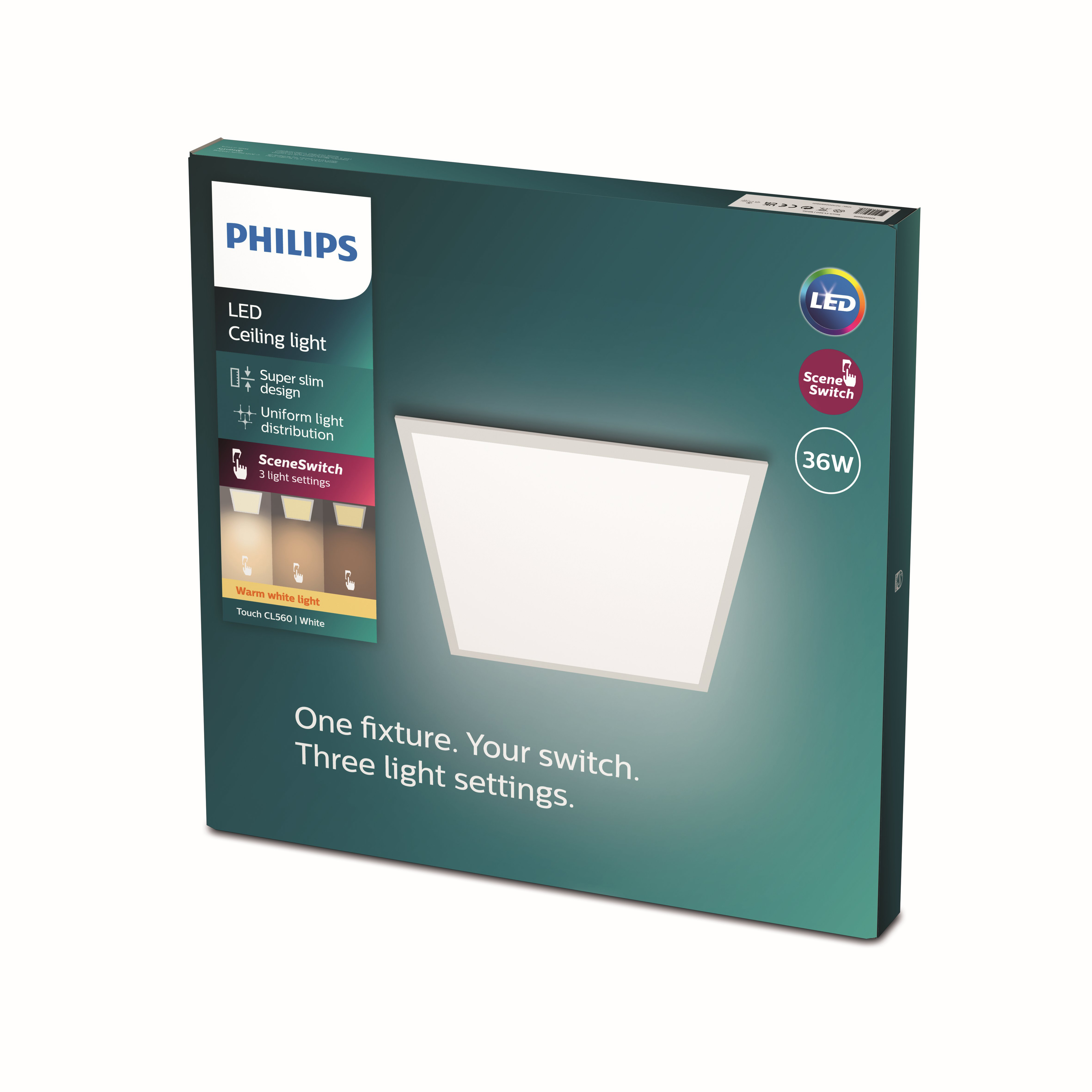Plafoniera LED Philips in scatola. Design ultrasottile, SceneSwitch e luce bianca calda inclusi.