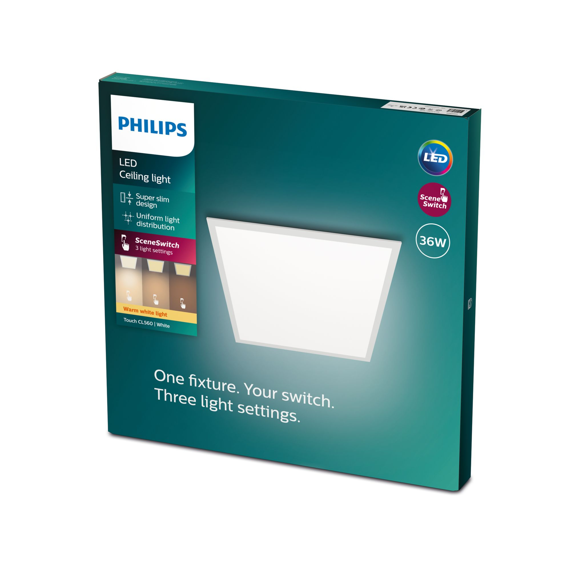 Plafoniera LED Philips in scatola. Design ultrasottile, SceneSwitch e luce bianca calda inclusi.