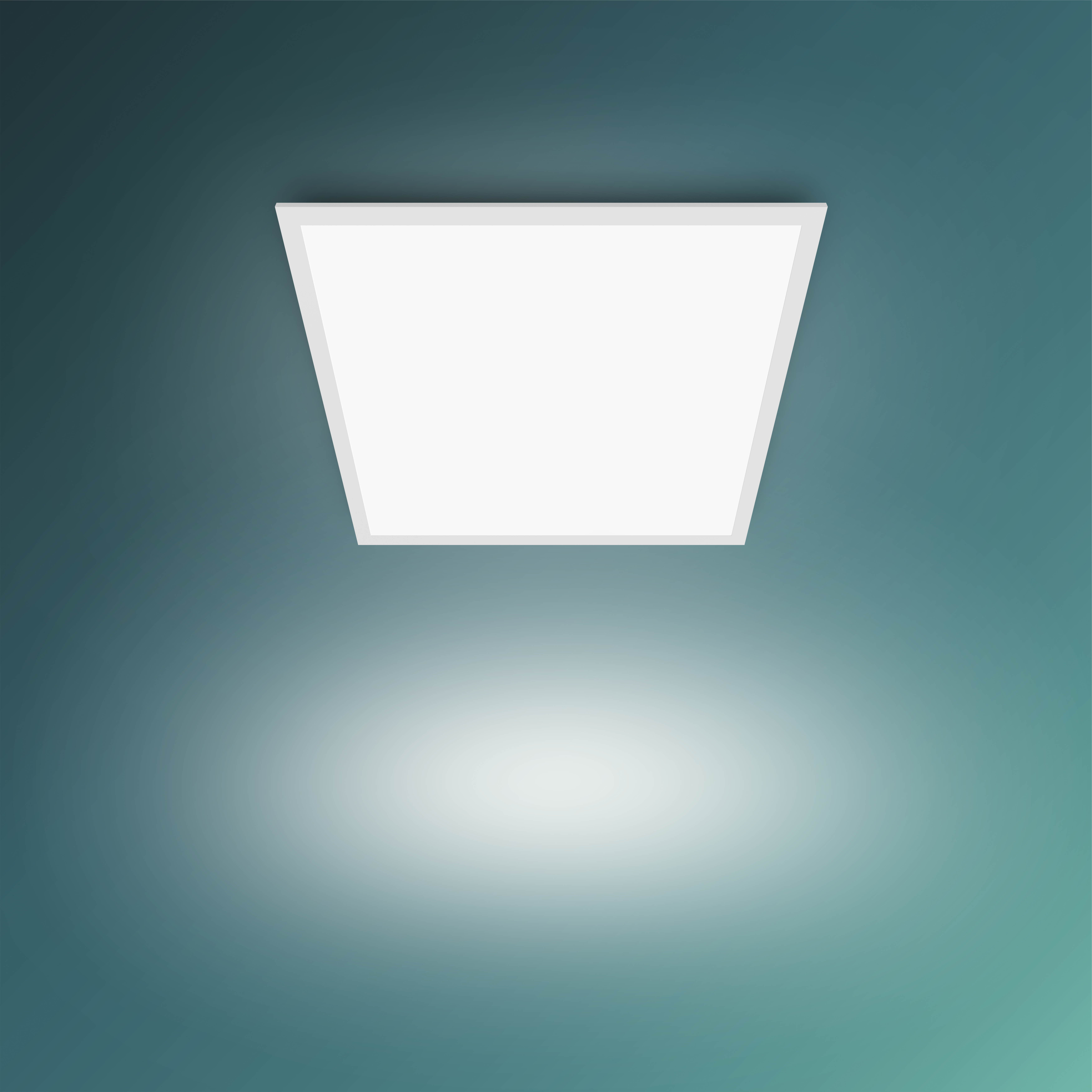 Una luce da soffitto quadrata bianca illumina uno sfondo sfumato turchese.