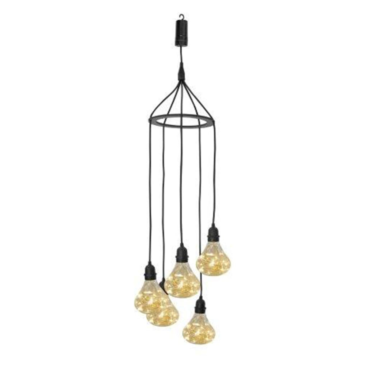 Un accesorio de iluminación colgante con cinco luces colgantes. Las bombillas son doradas y el marco es negro.