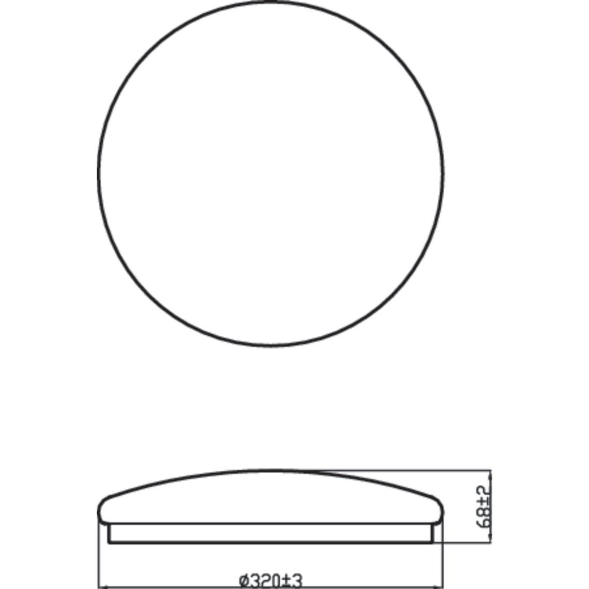Un apparecchio di illuminazione circolare con dimensioni indicate. Sembra un disegno tecnico.