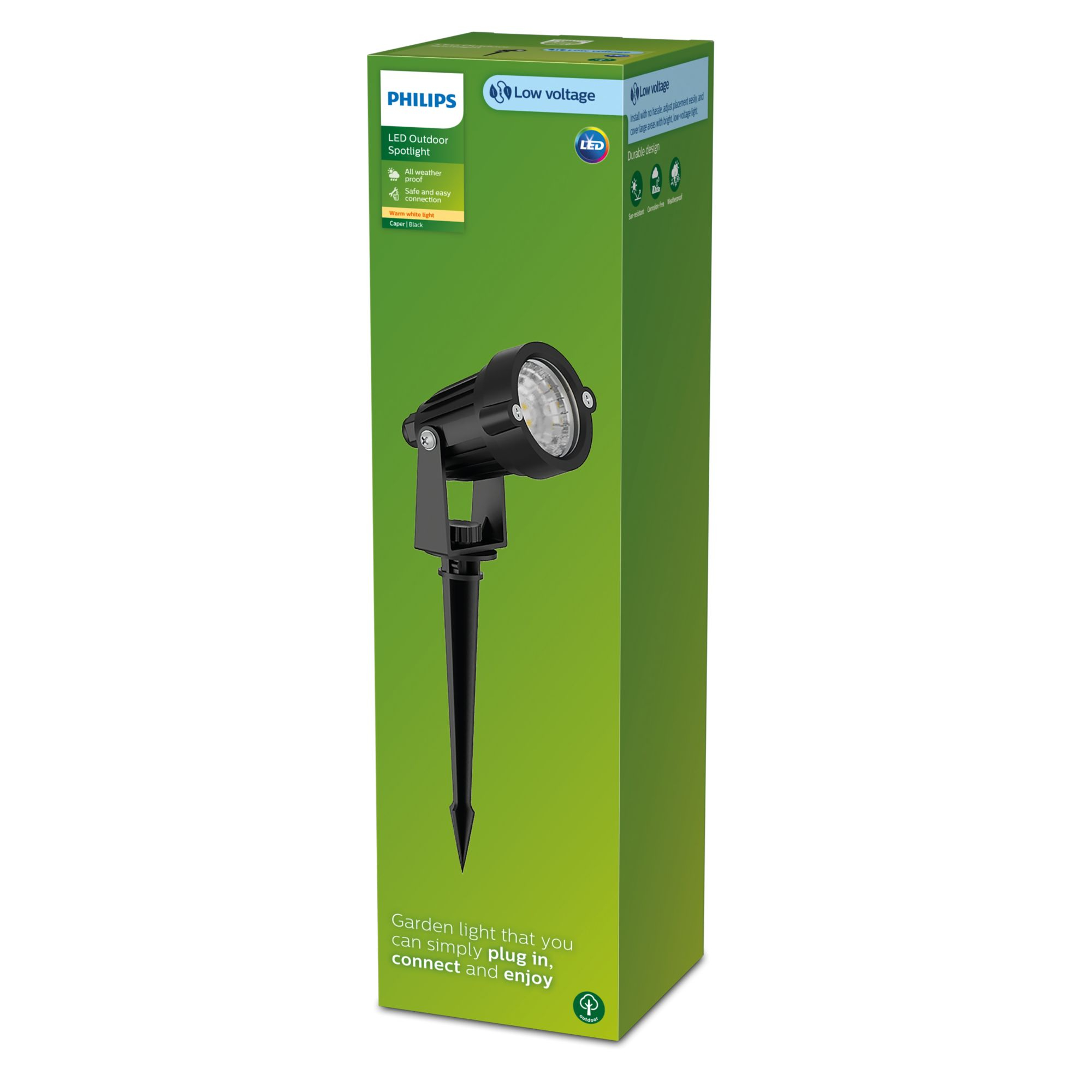 Una scatola verde e bianca con un faretto nero. La scatola presenta il marchio Philips e i dettagli del prodotto.