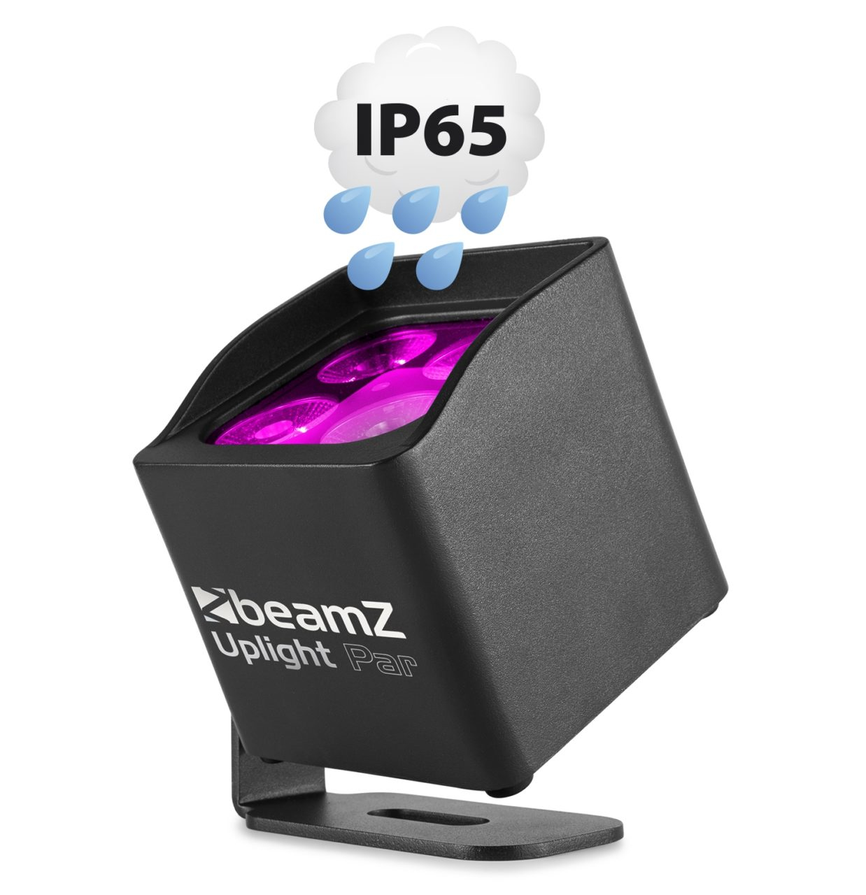 Par uplight noir incliné avec texte, nuage avec pluie et étiquette IP65.