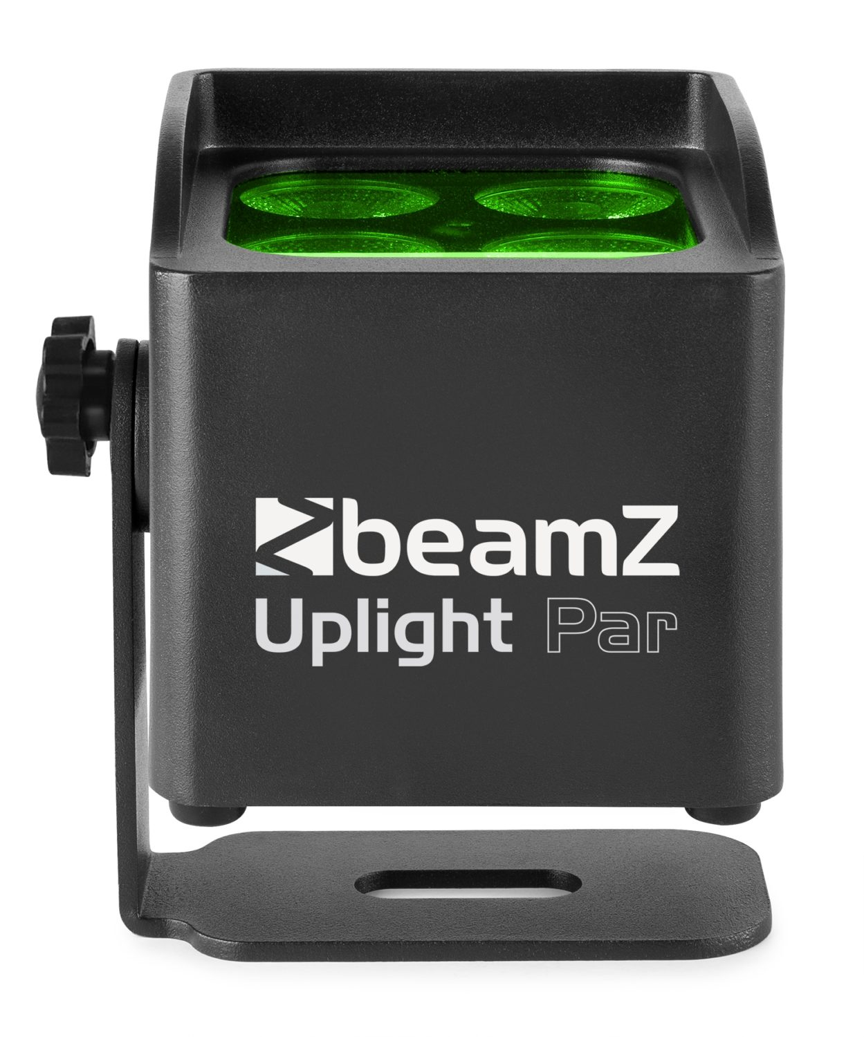 Beamz uplight par noir avec lumières vertes, avec support noir et fond blanc.