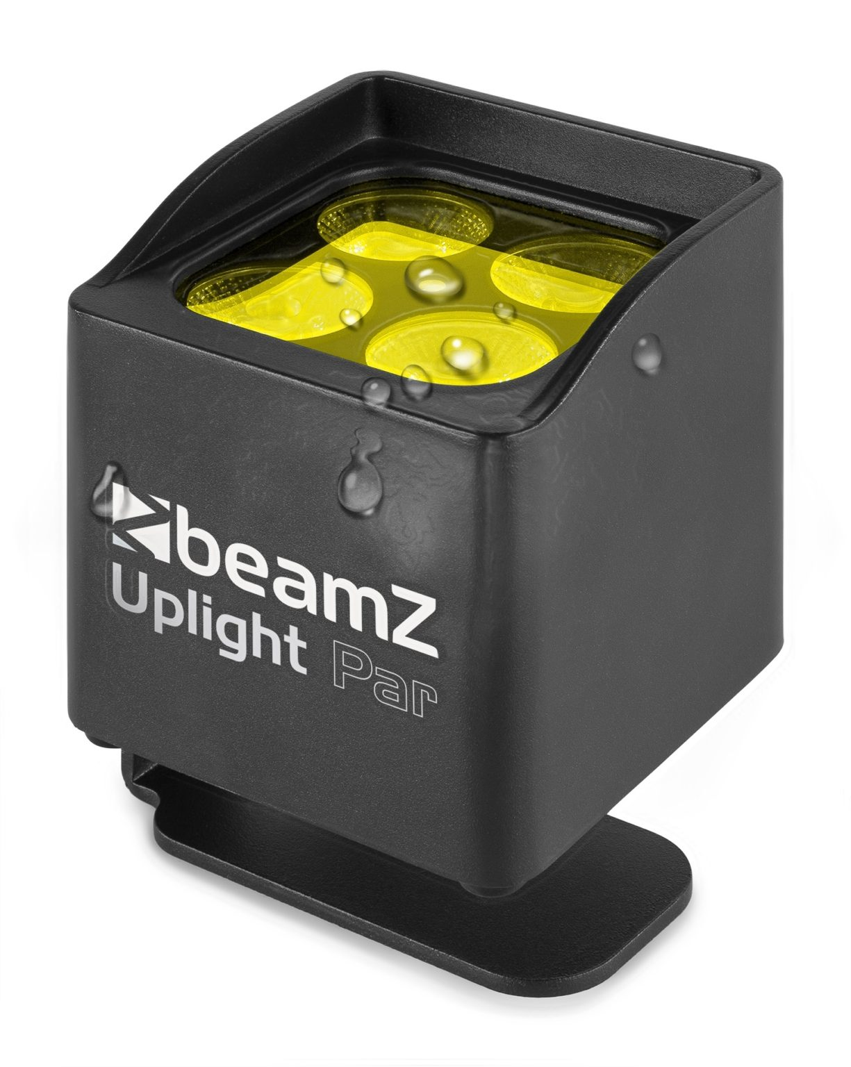 Beamz Uplight Par noir. Lumière jaune brille du haut. Base noire.