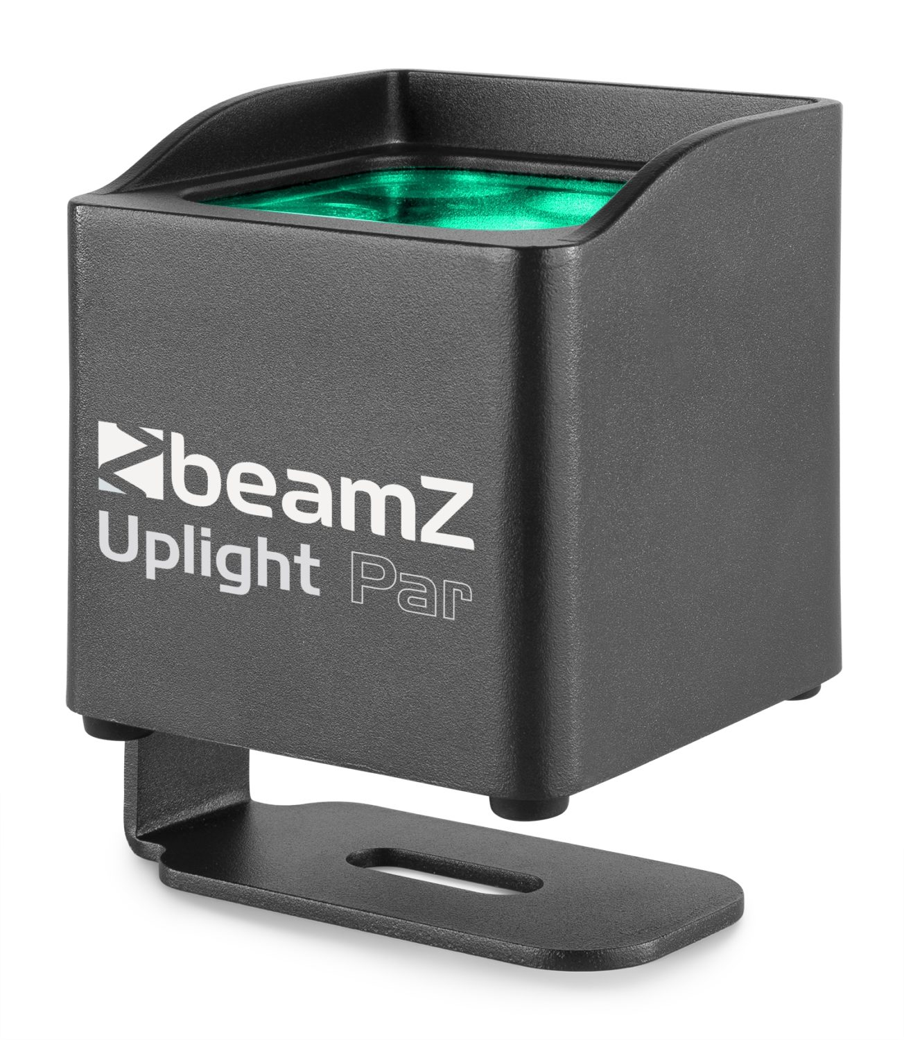 Par de lumière ascendante noir. Logo Beamz Uplight Par. Lumière verte à l'intérieur.