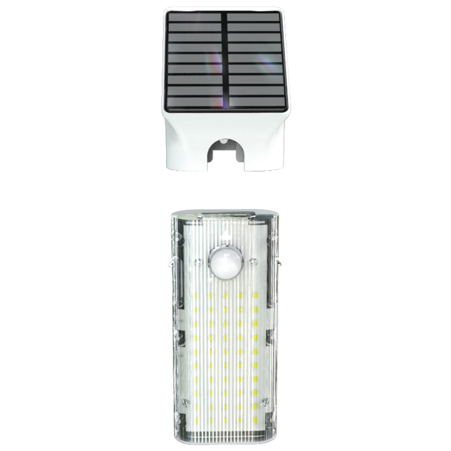 White solar powered light with two parts: a solar panel on top, and a light with a sensor.
