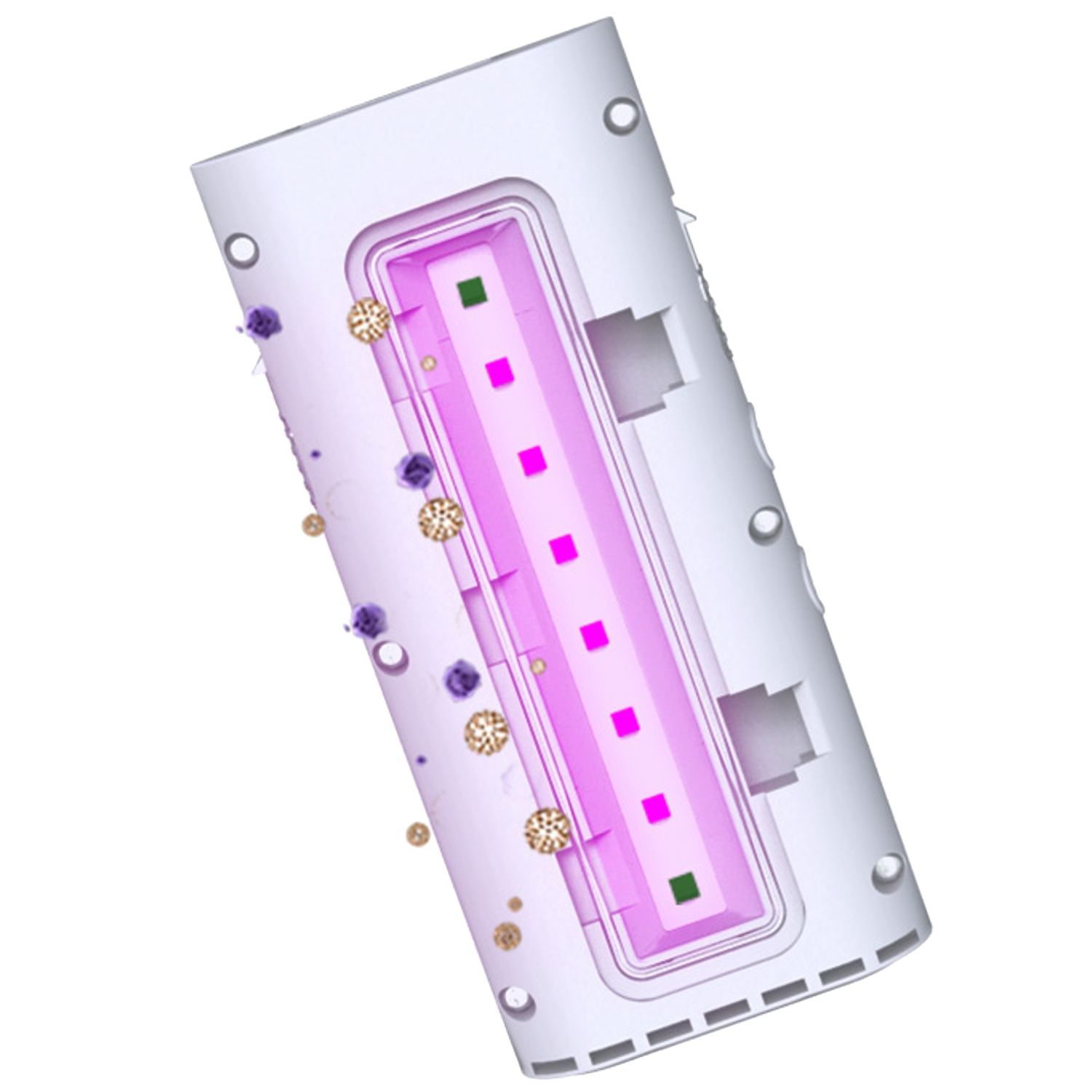 White and purple light fixture. Interior shows pink and green lights with particles.